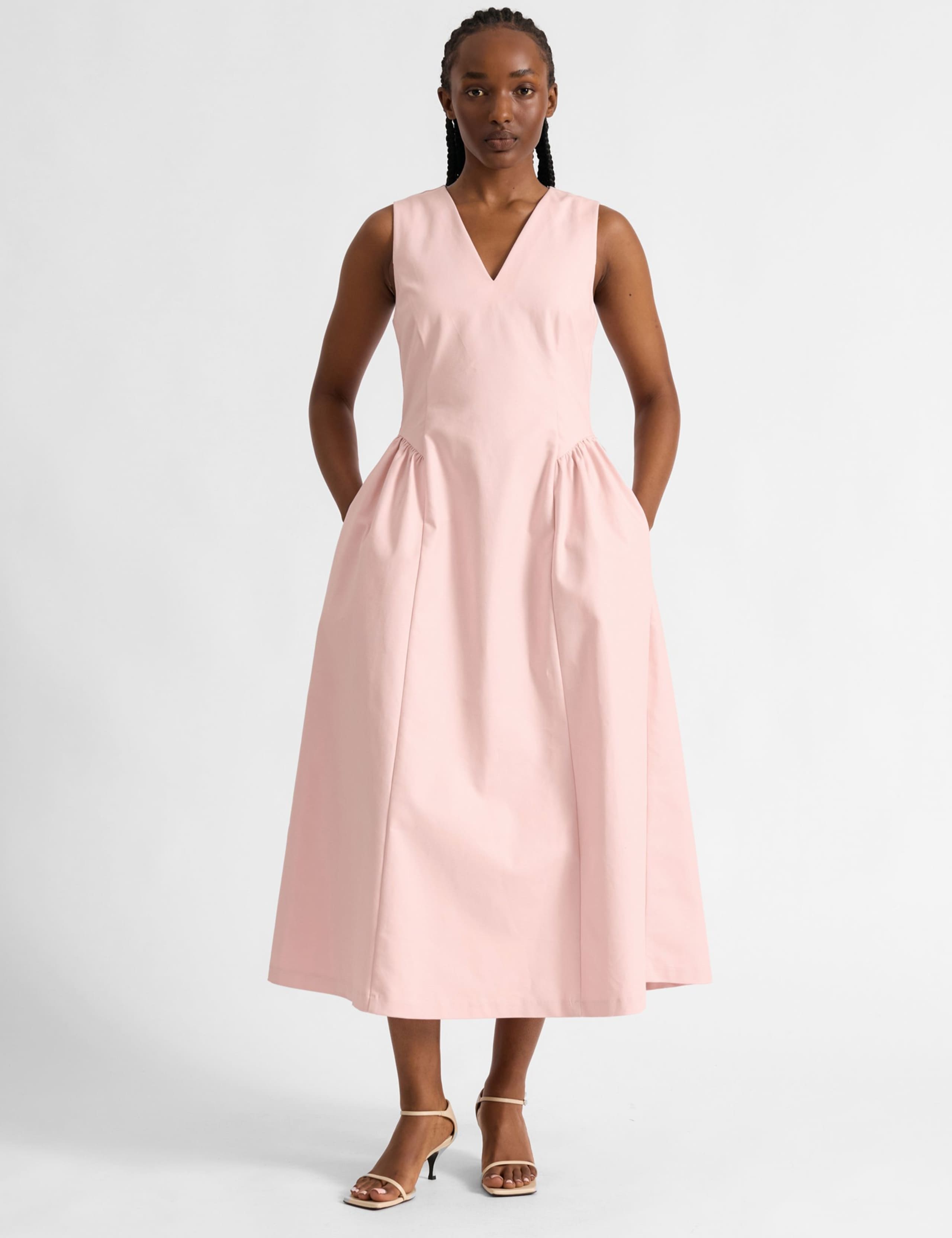 Cotton Rich V-Neck Midi Dropped Waist Dress 1 of 4