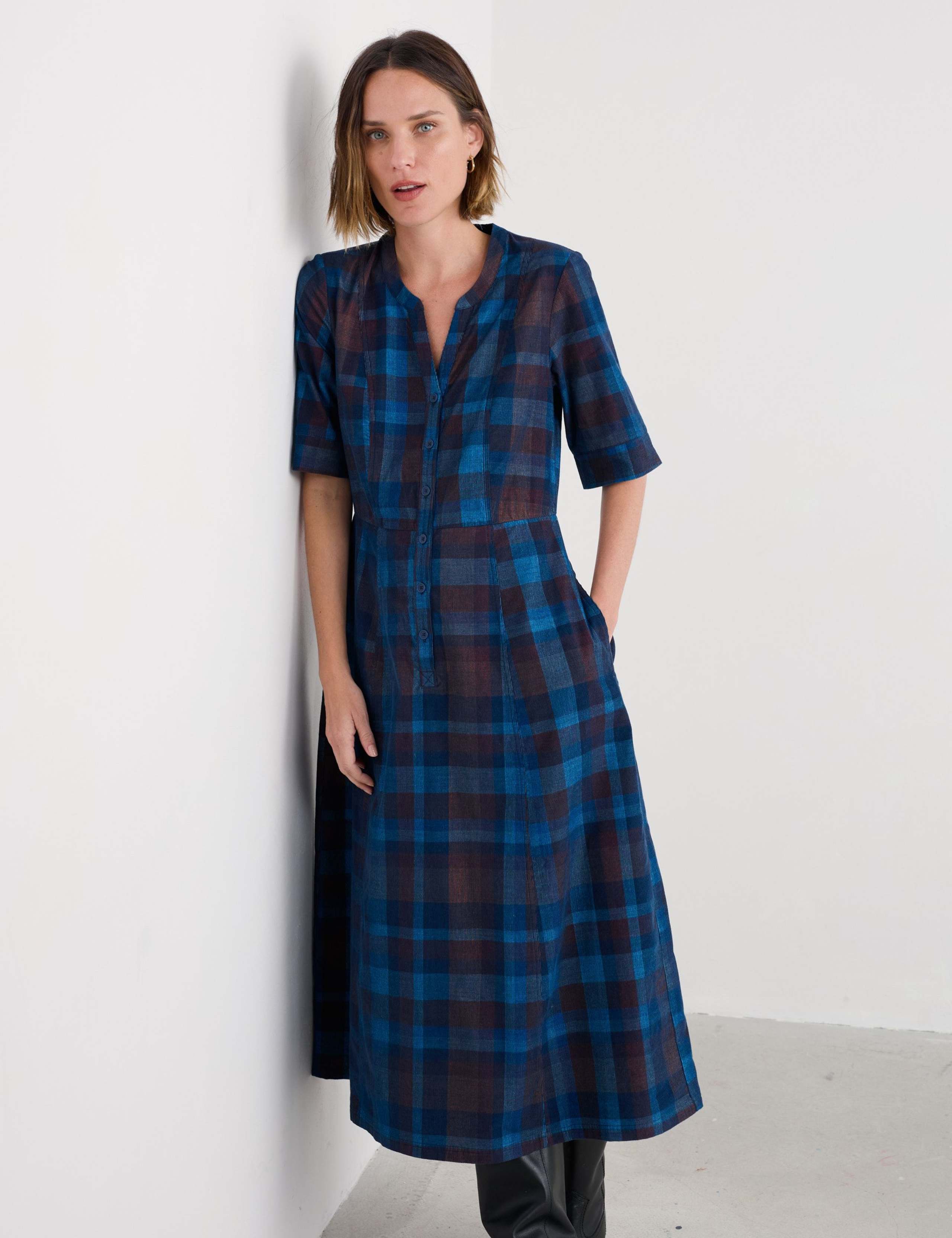 Pure Cotton Checked Midi Waisted Dress 1 of 5