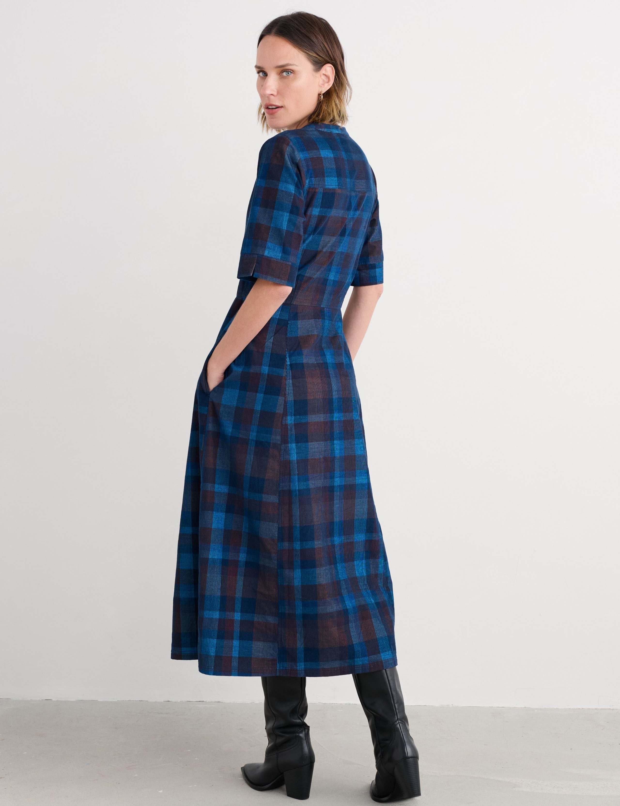 Pure Cotton Checked Midi Waisted Dress 3 of 5