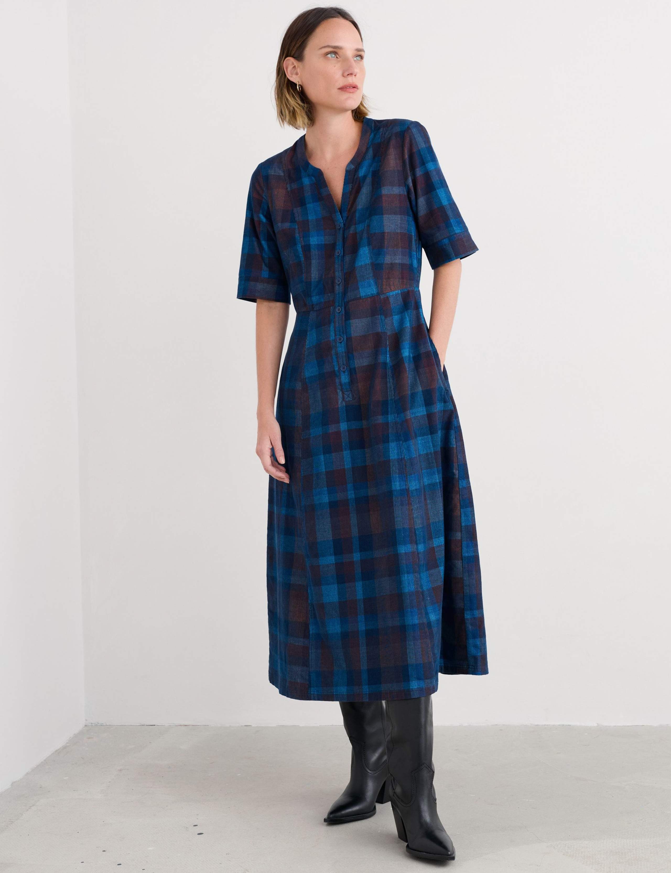 Pure Cotton Checked Midi Waisted Dress 4 of 5