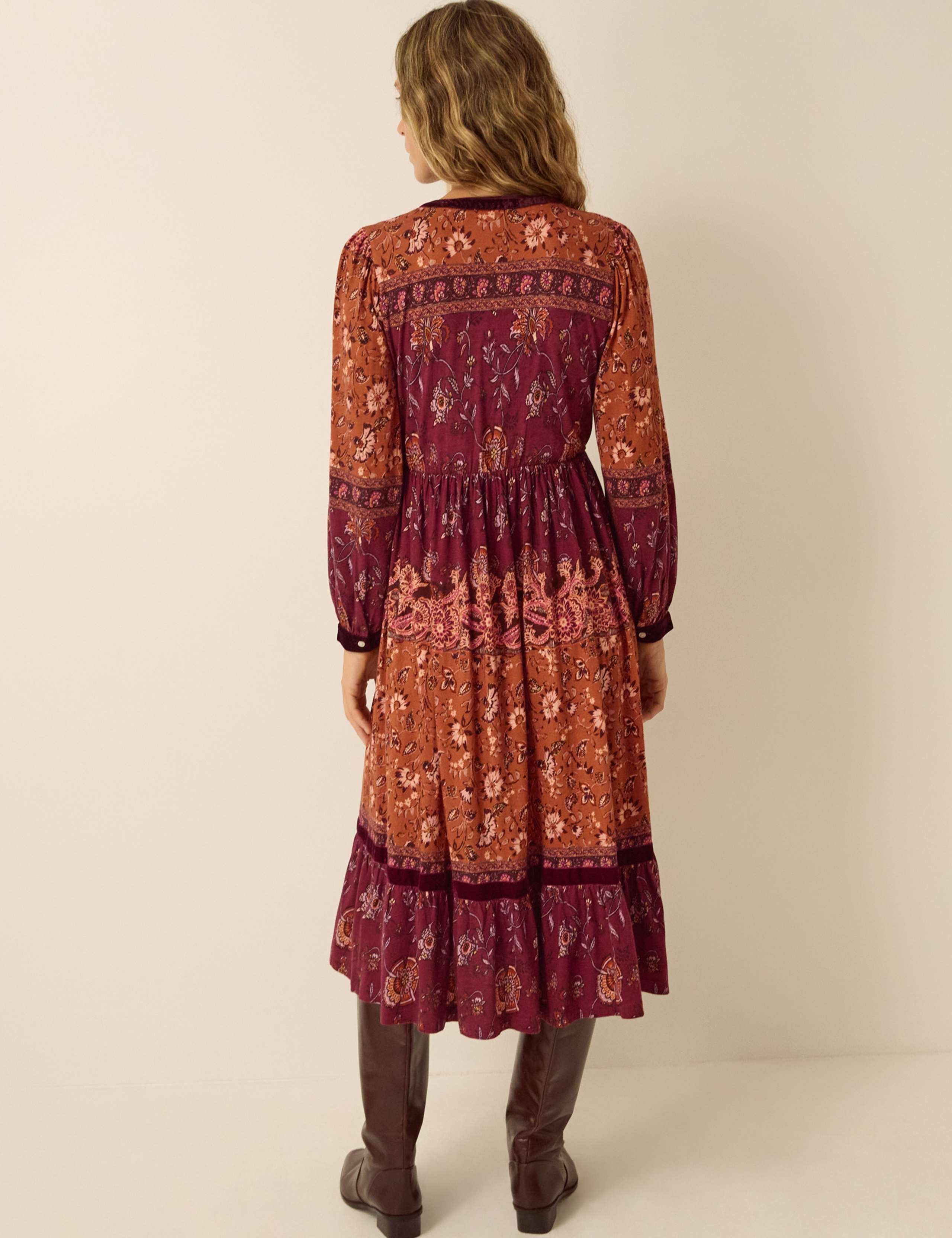 Cotton Rich Printed V Neck Midi Tiered Dress 3 of 5