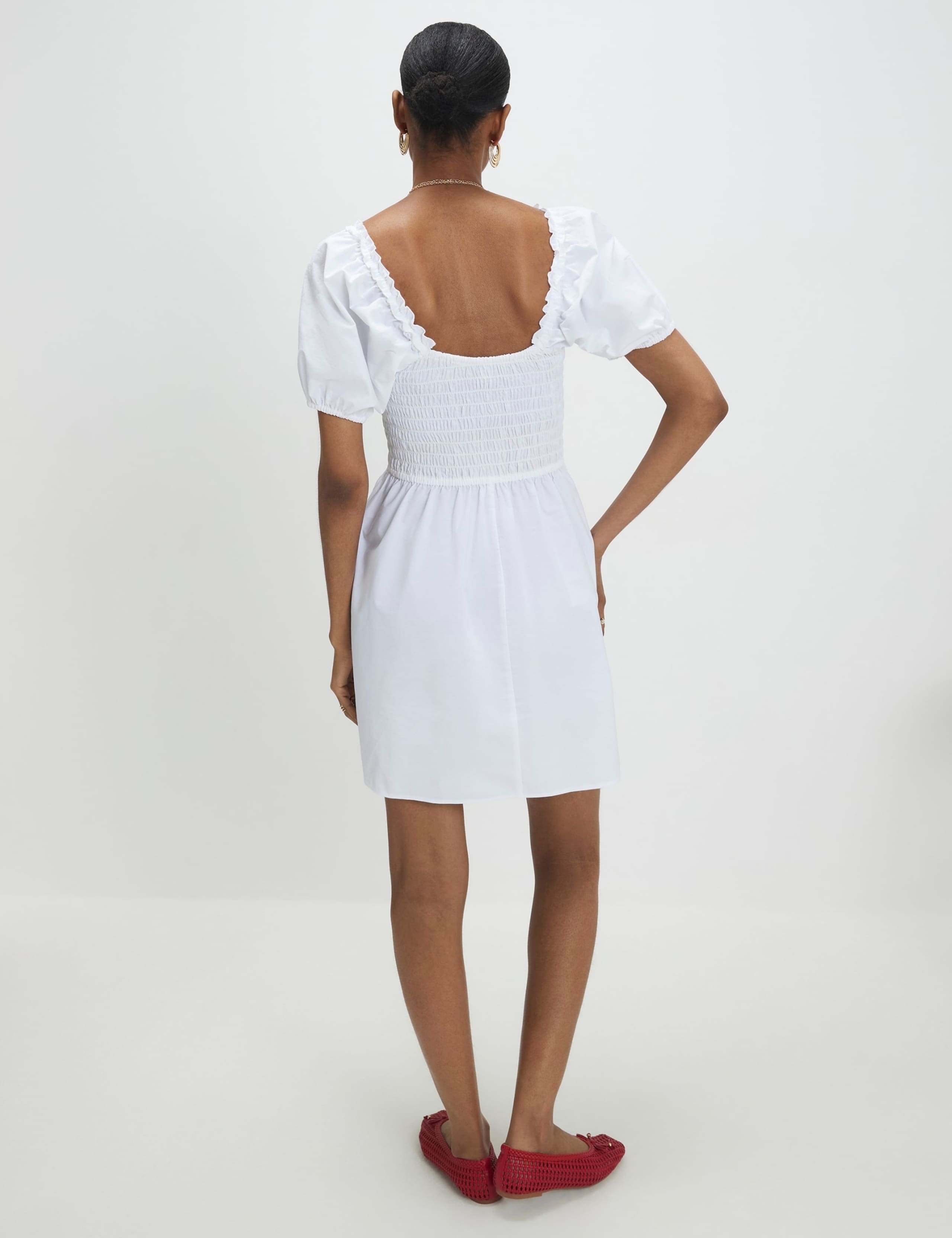 Pure Cotton Puff Sleeve Mini Shirred Dress 2 of 4