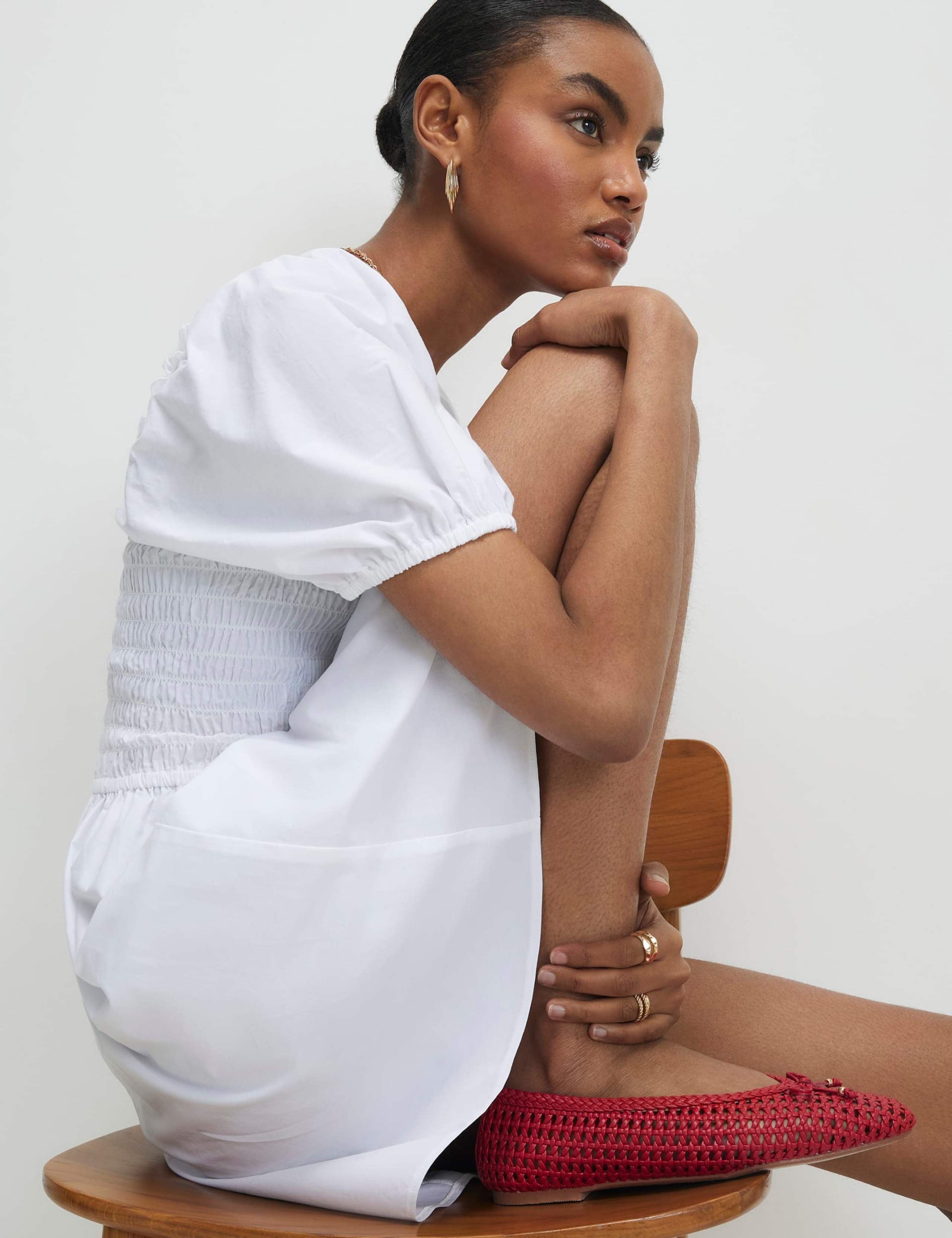 Pure Cotton Puff Sleeve Mini Shirred Dress 3 of 4