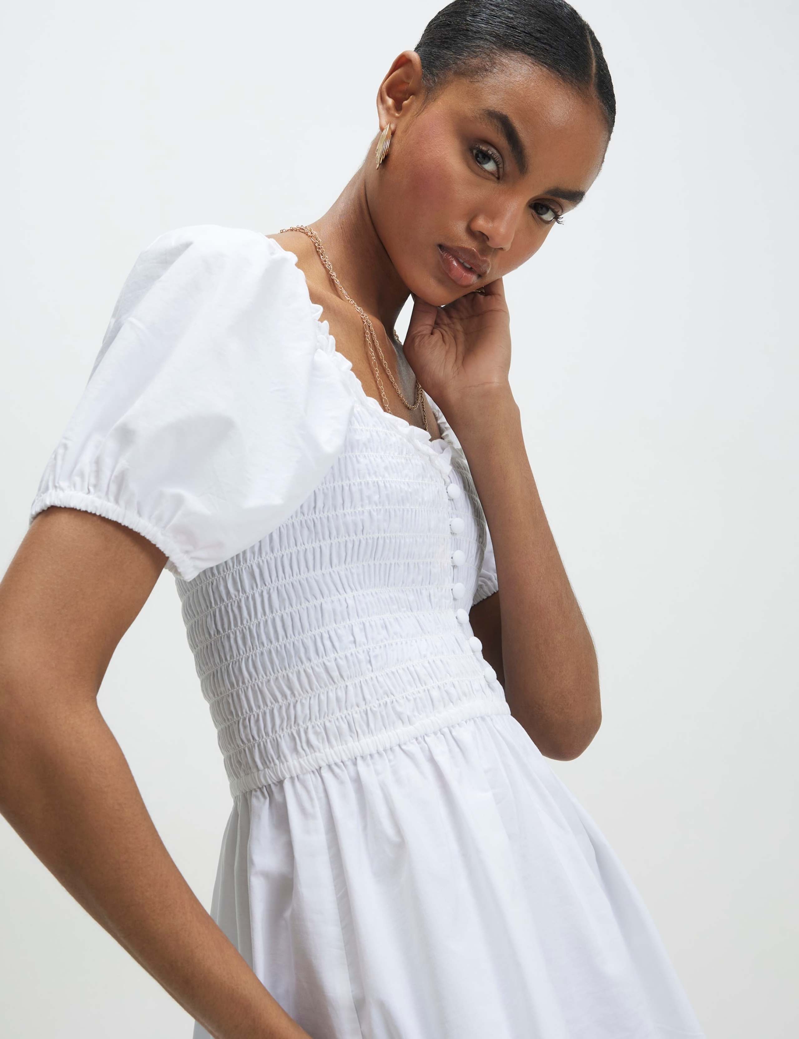 Pure Cotton Puff Sleeve Mini Shirred Dress 4 of 4