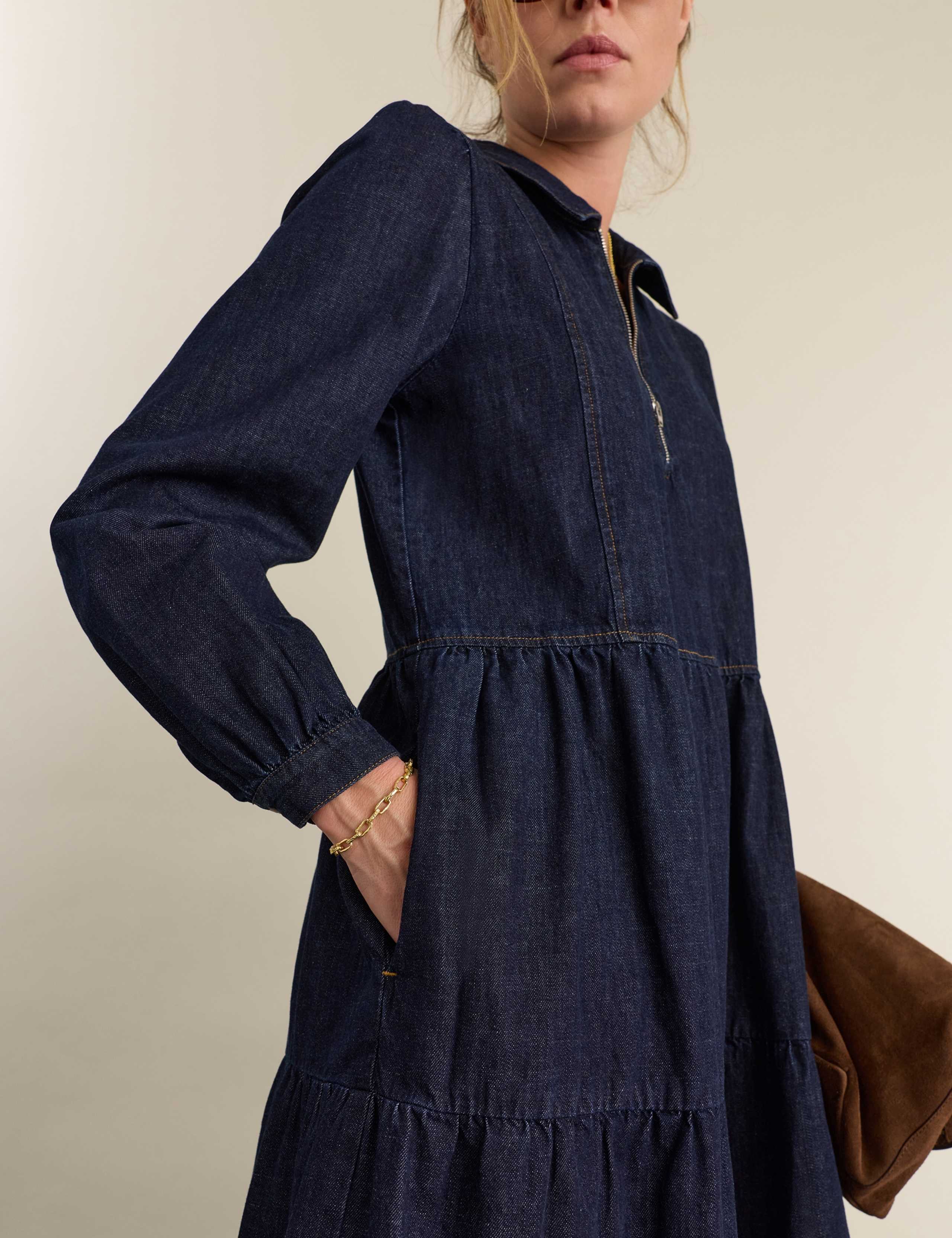Pure Cotton Denim Collared Midi Tiered Dress 3 of 4