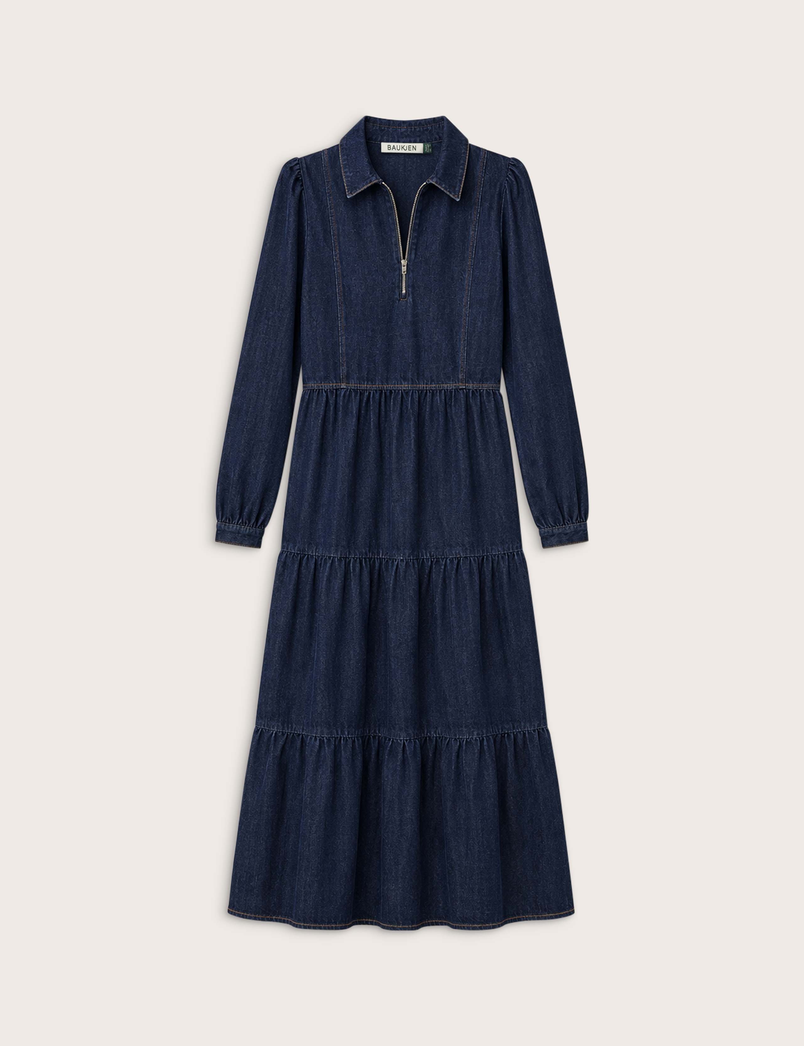 Pure Cotton Denim Collared Midi Tiered Dress 2 of 4