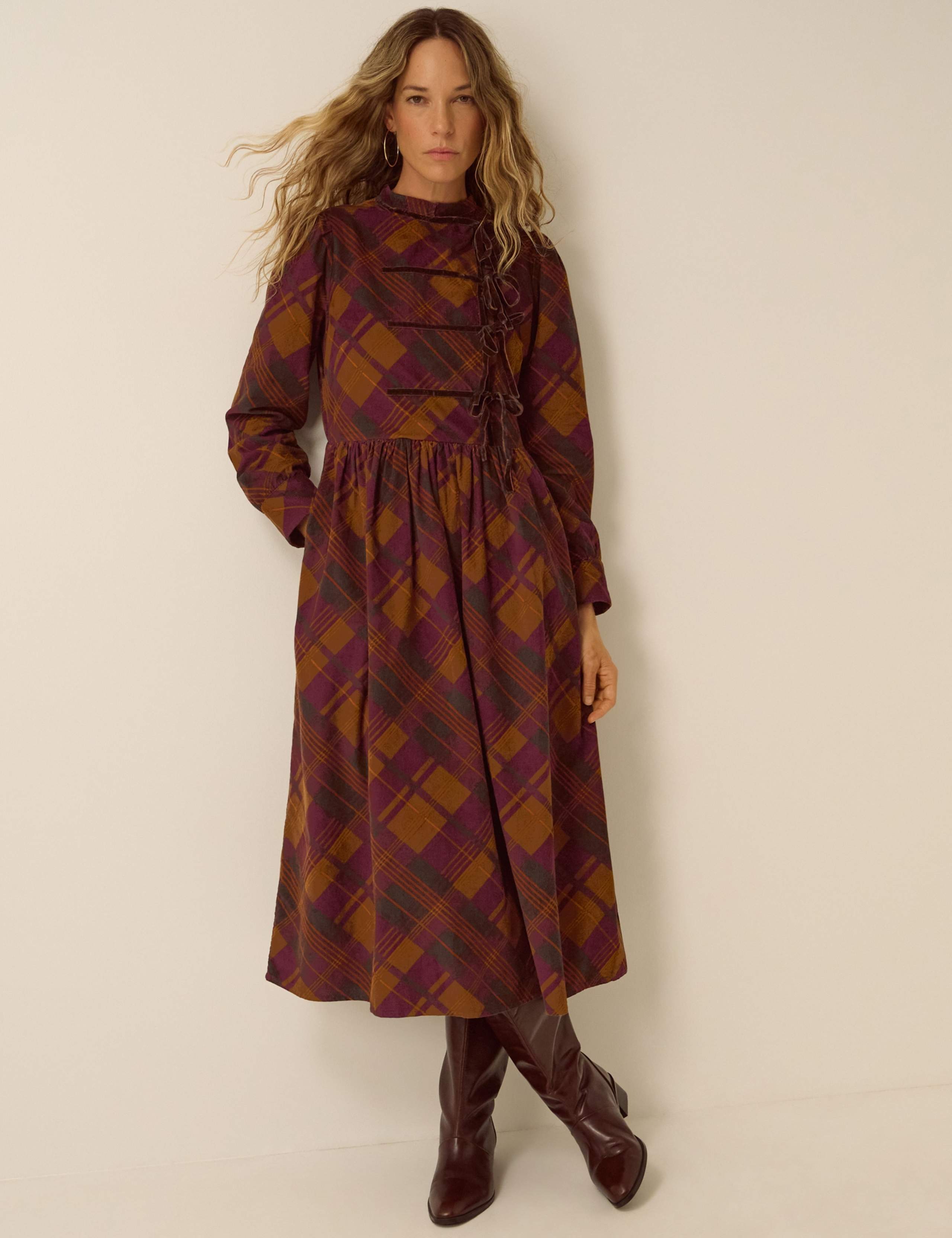 Cord High Neck Tie Front Midi Dress 1 of 5