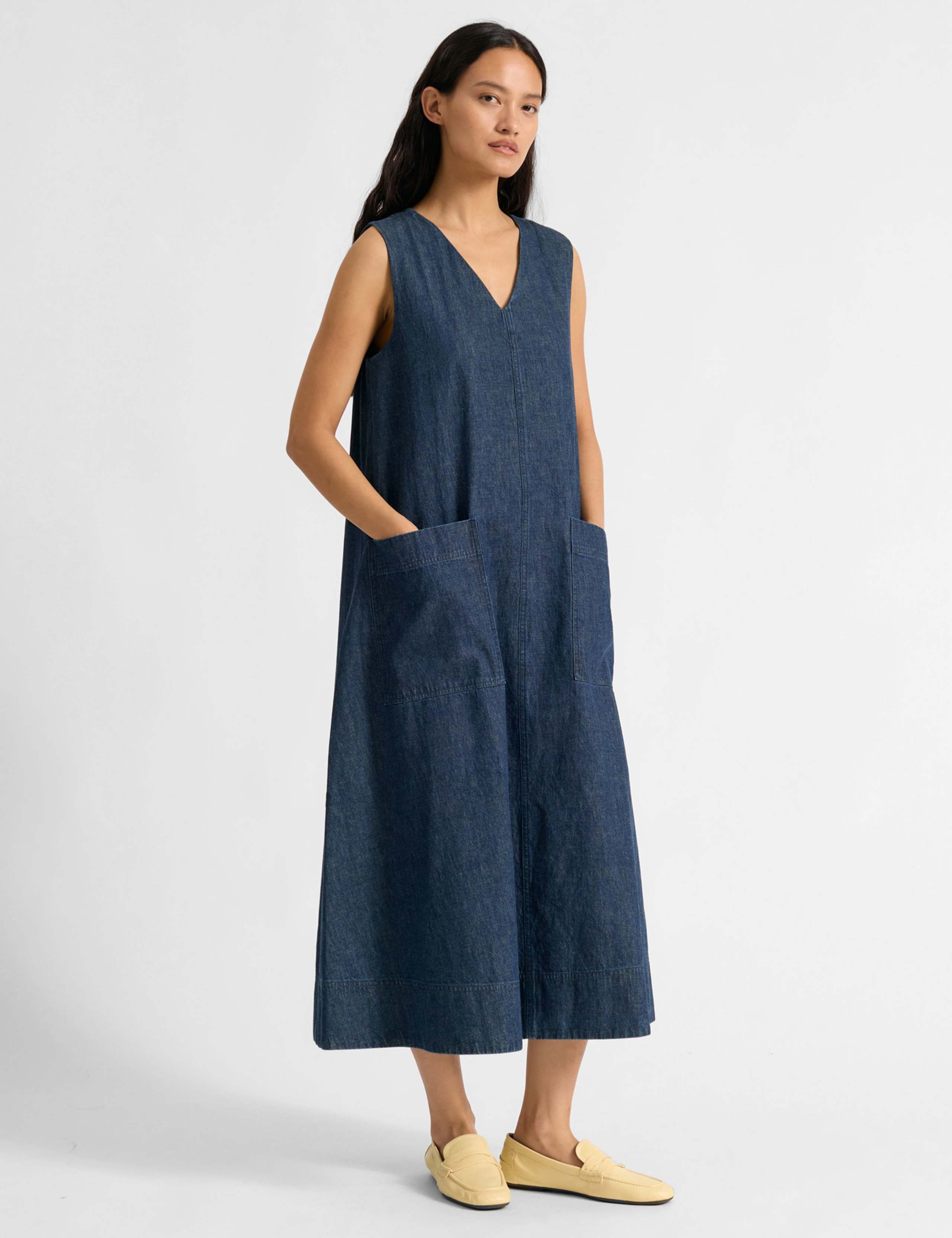 Denim V-Neck Midi A-Line Swing Dress 1 of 4