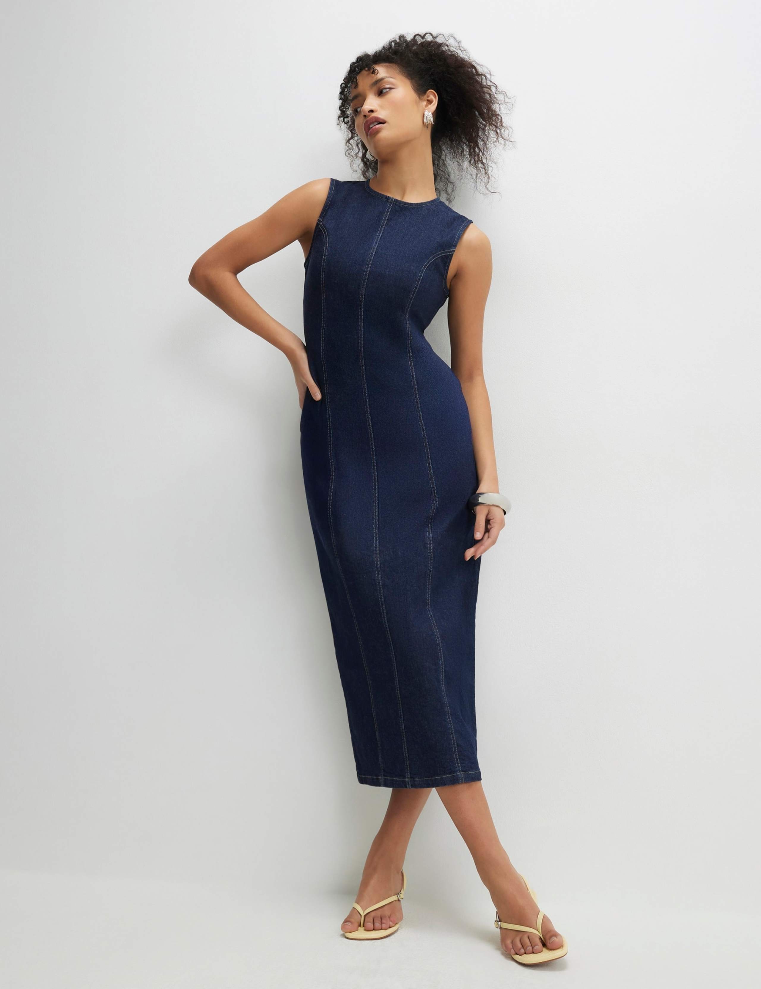 Denim Round Neck Midi Bodycon Dress 1 of 4