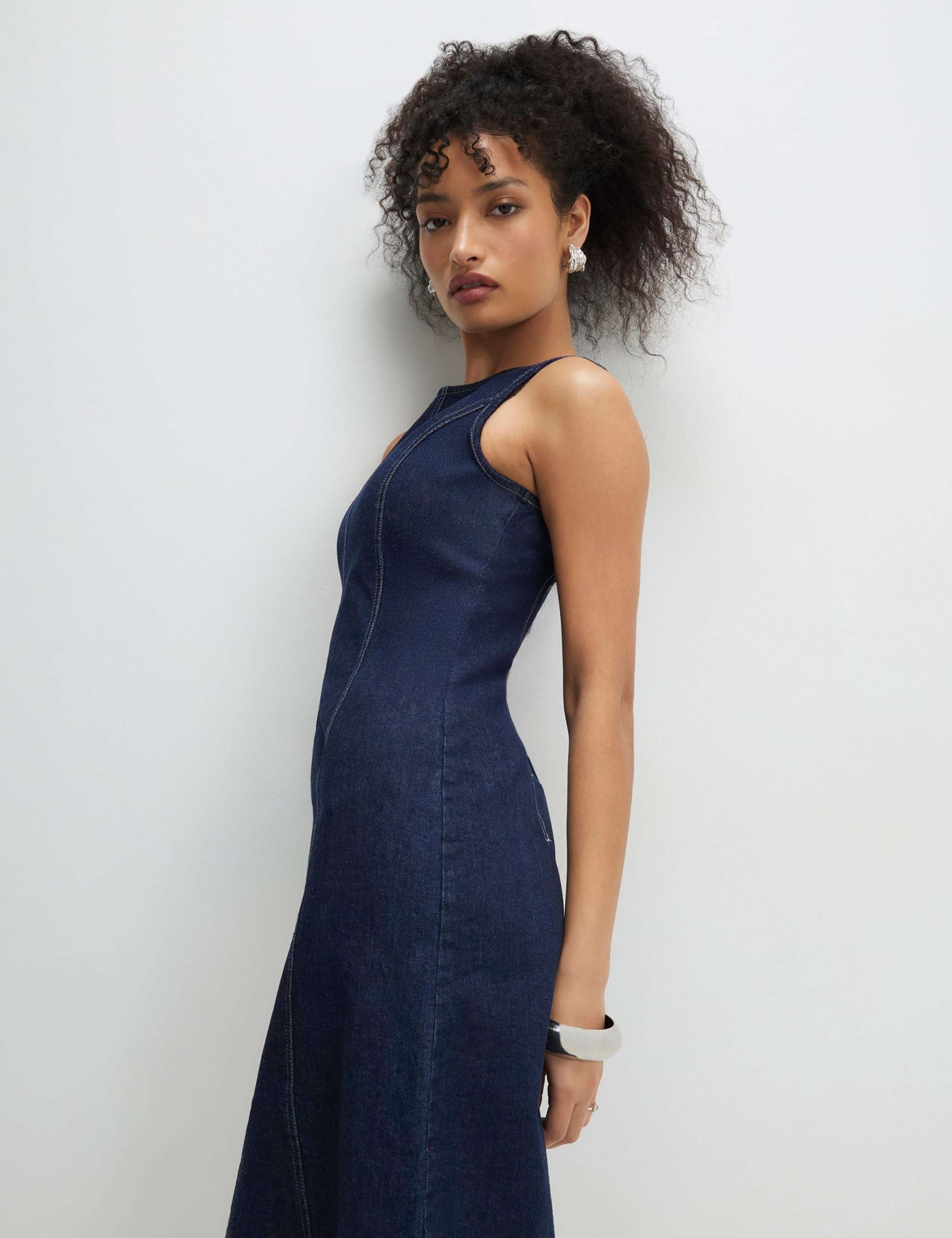 Denim Round Neck Midi Bodycon Dress 3 of 4