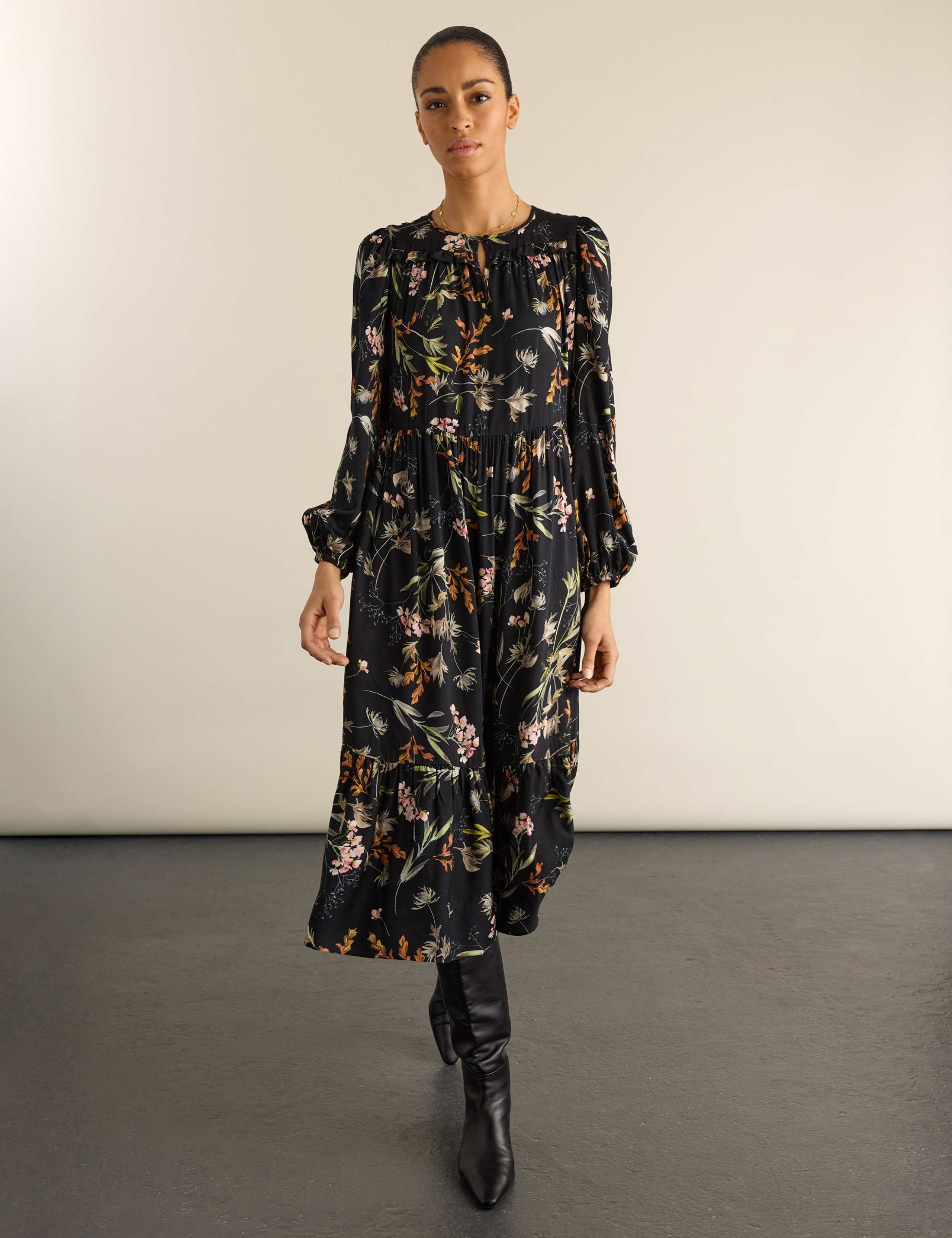 Satin Floral Round Neck Midi Skater Dress 1 of 5