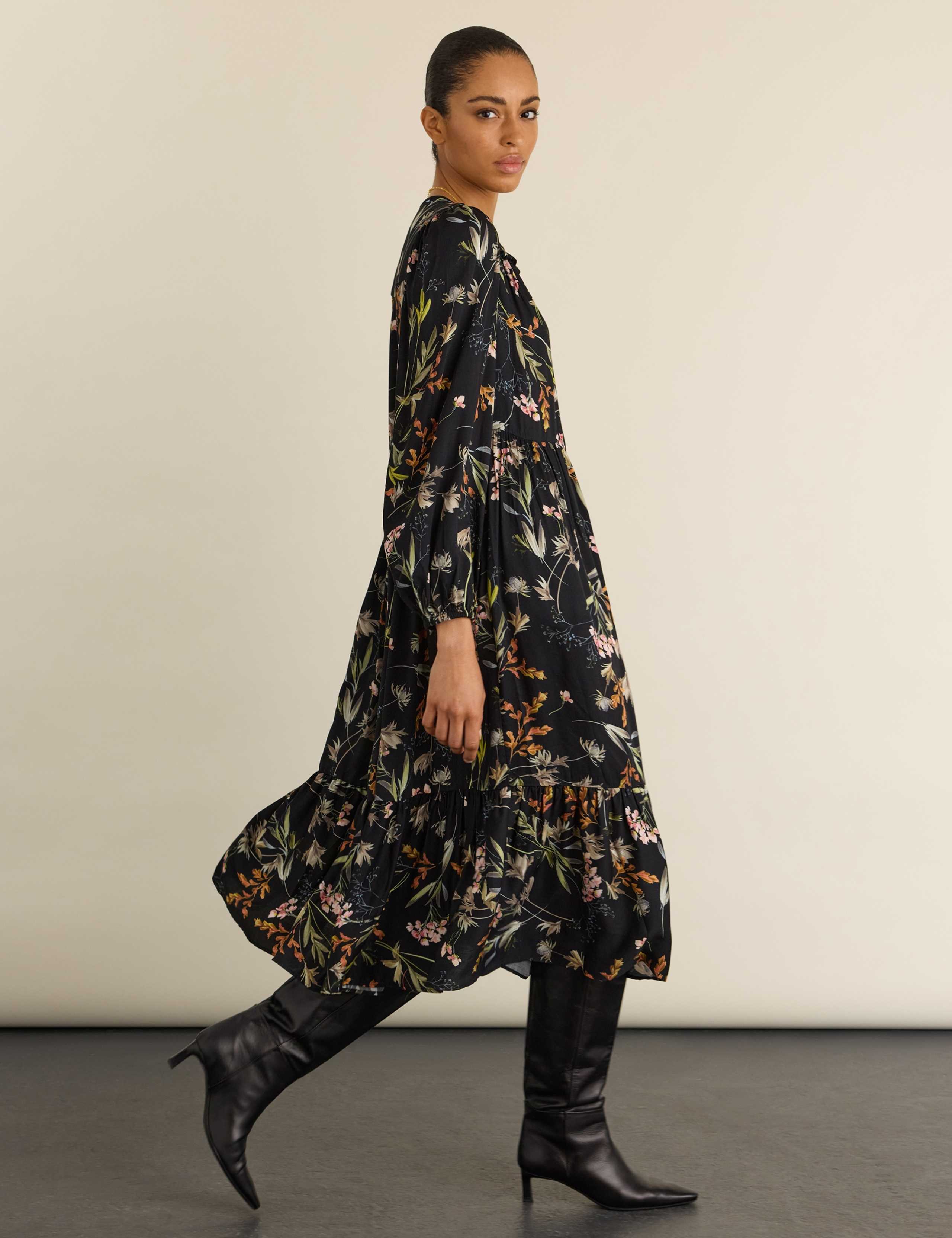Satin Floral Round Neck Midi Skater Dress 3 of 5