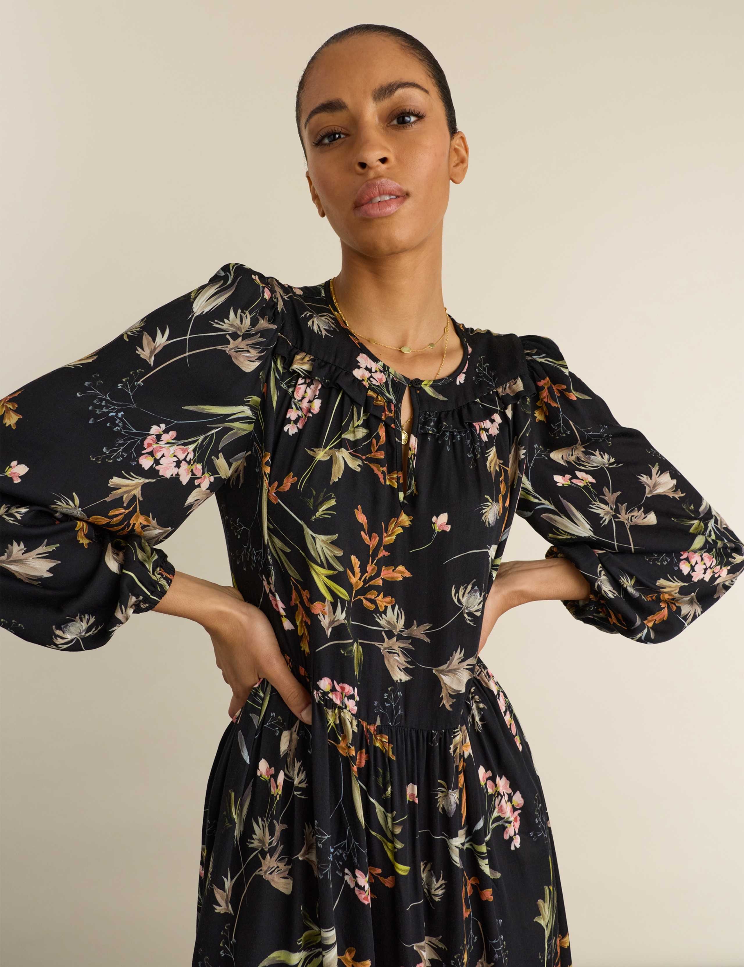 Satin Floral Round Neck Midi Skater Dress 4 of 5