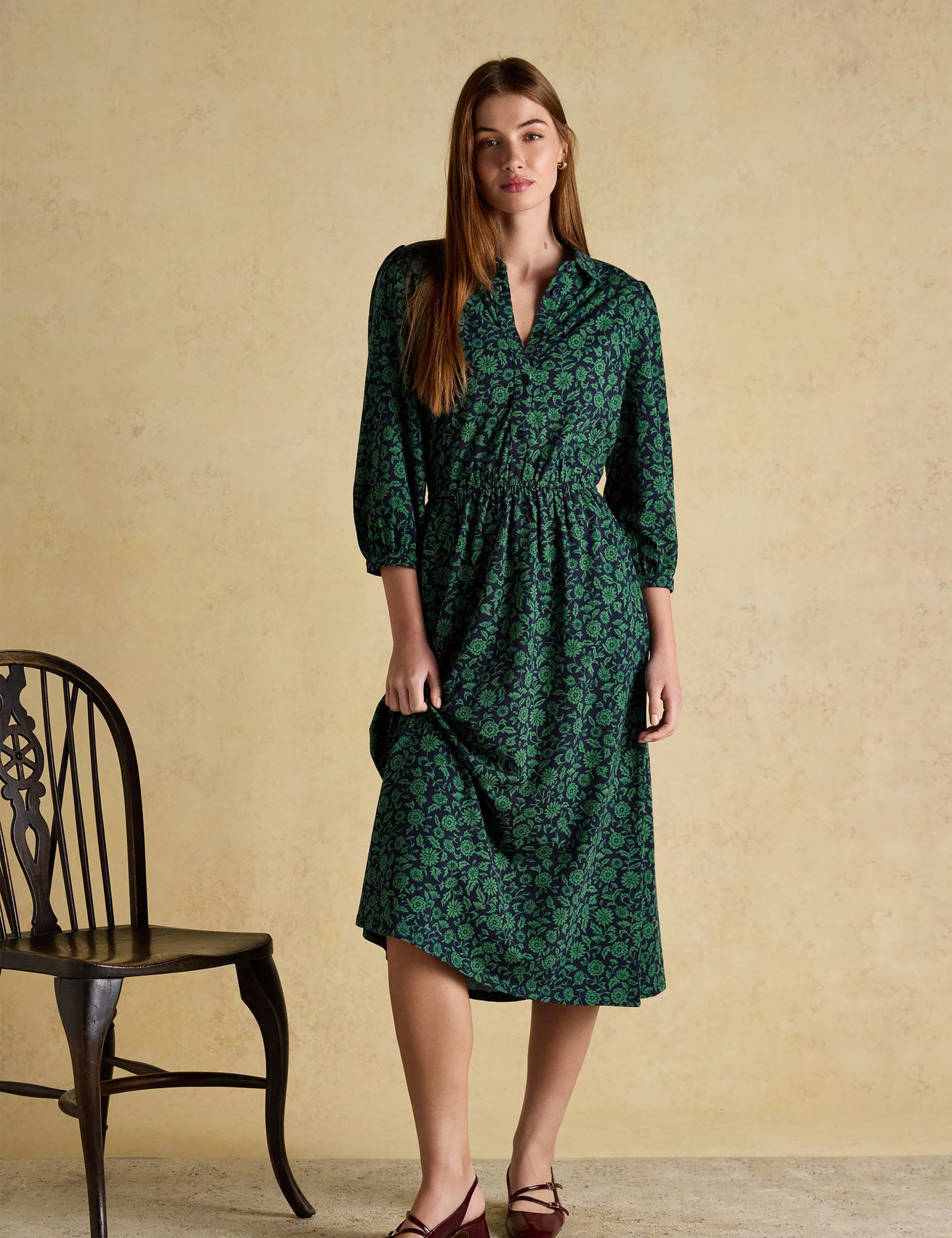 Jersey Floral Midi Waisted Shirt Dress 3 of 8