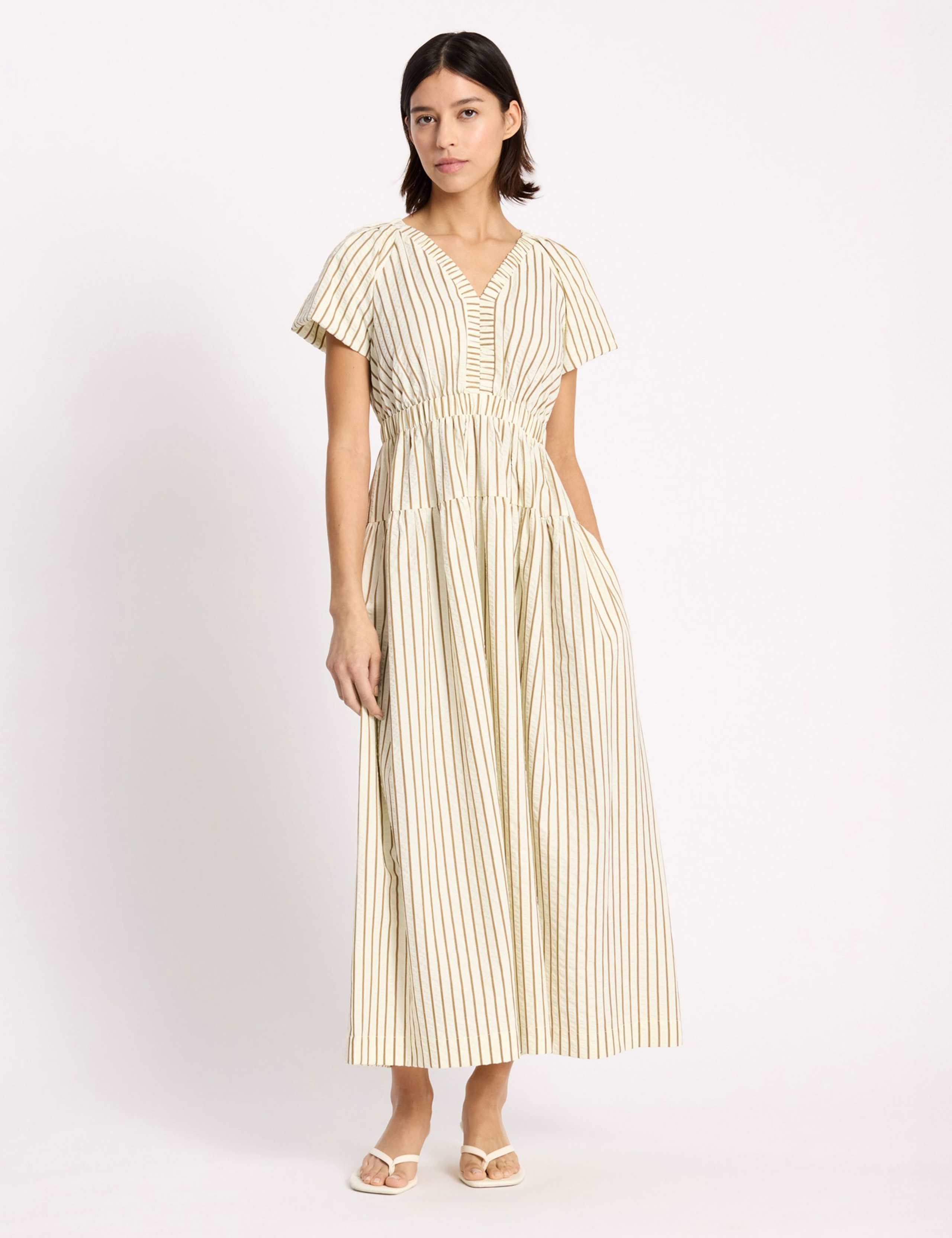 Cotton Blend Striped V-Neck Midi Waisted Dress 1 of 4