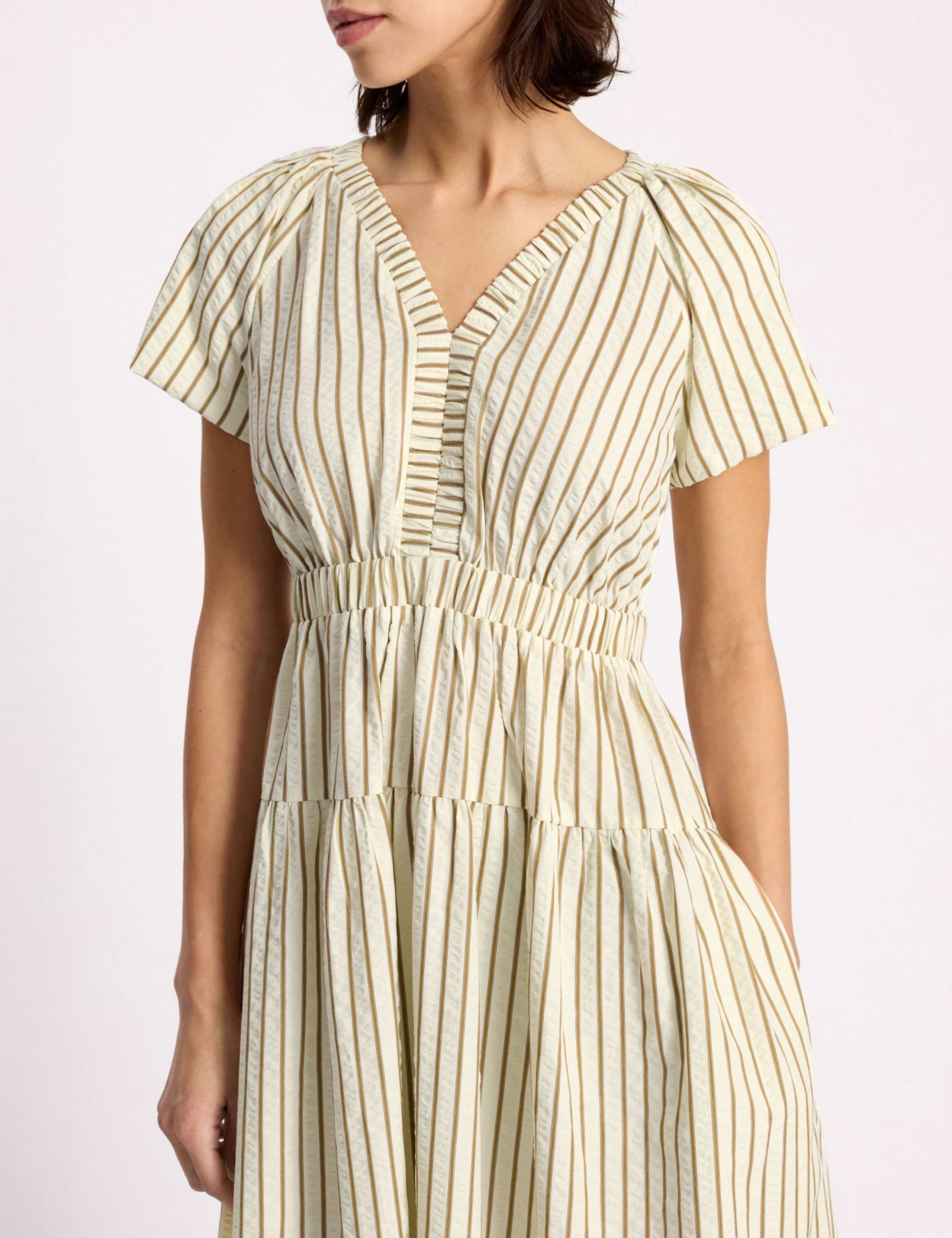 Cotton Blend Striped V-Neck Midi Waisted Dress 4 of 4