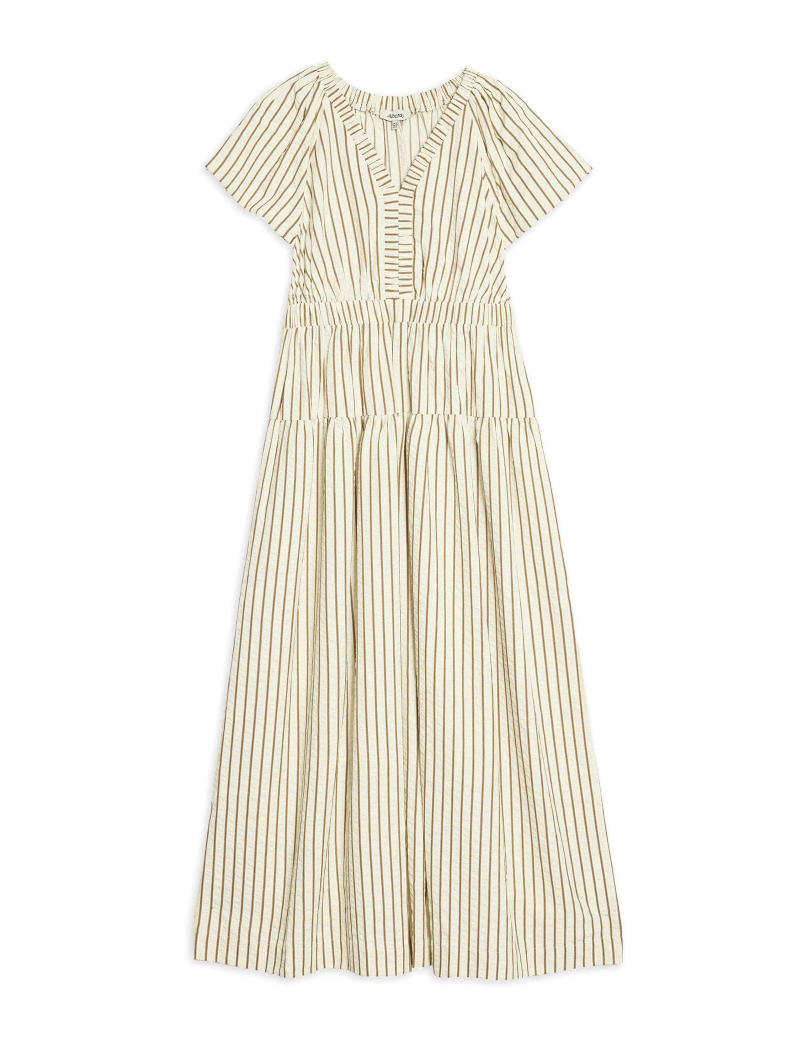 Cotton Blend Striped V-Neck Midi Waisted Dress 2 of 4
