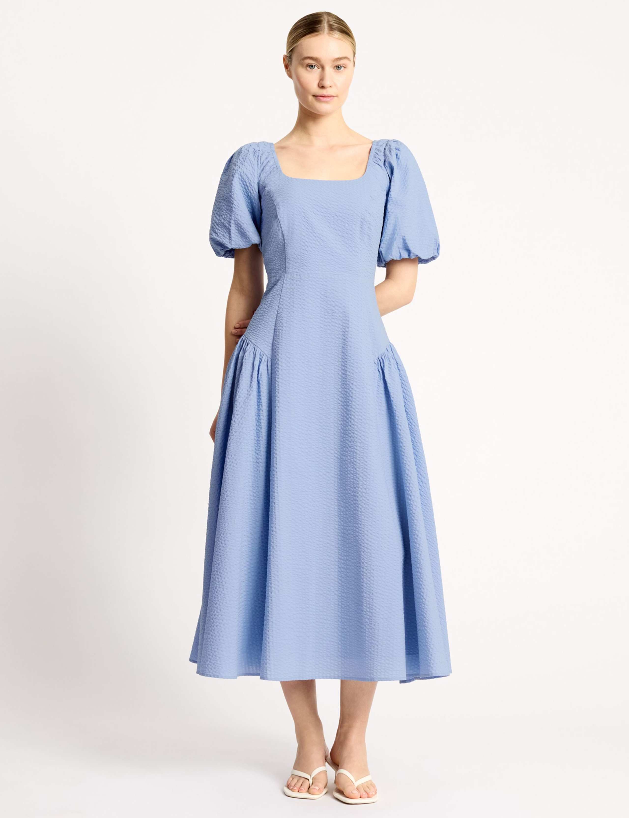 Pure Cotton Seersucker Puff Sleeve Midi Dress 3 of 5