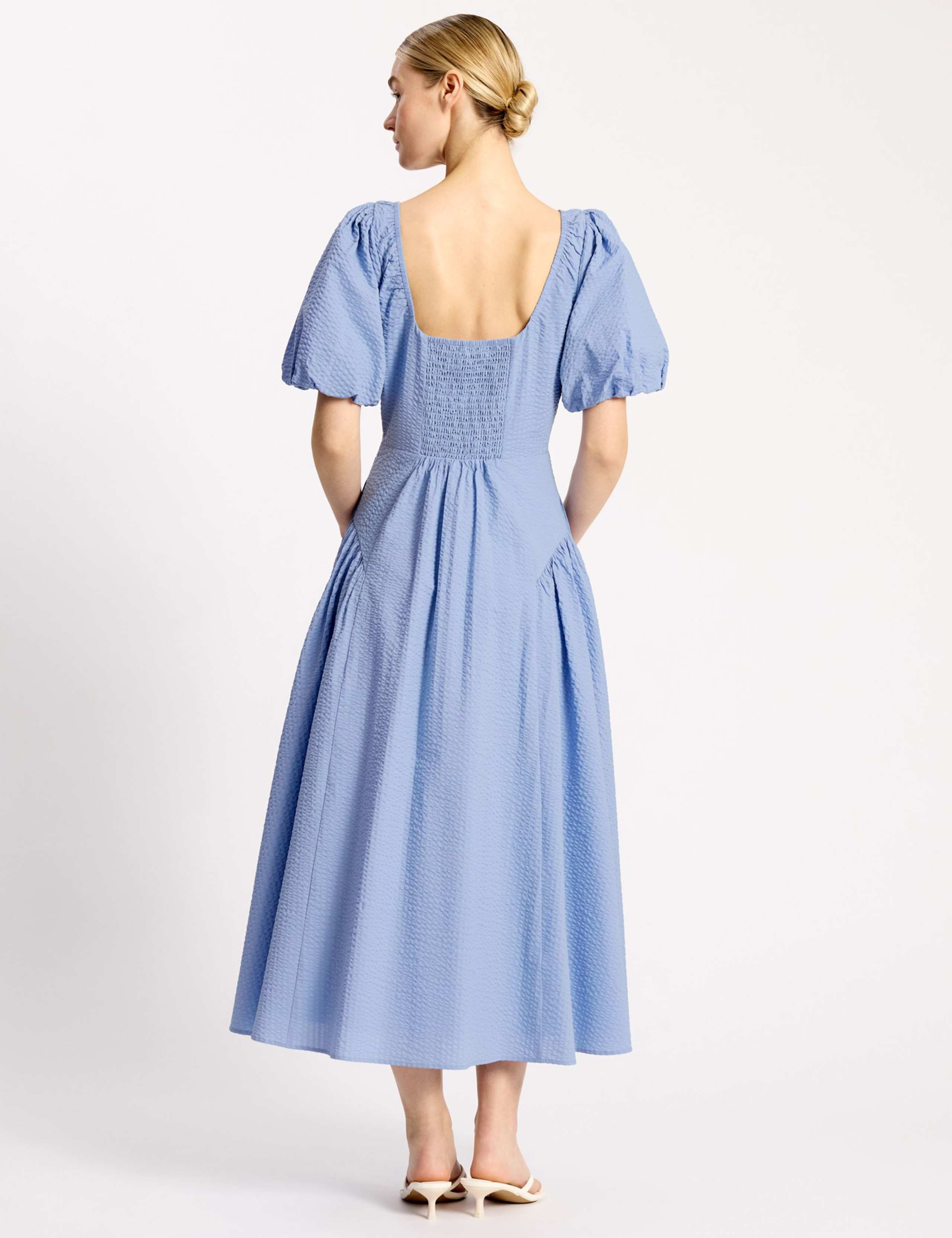 Pure Cotton Seersucker Puff Sleeve Midi Dress 4 of 5