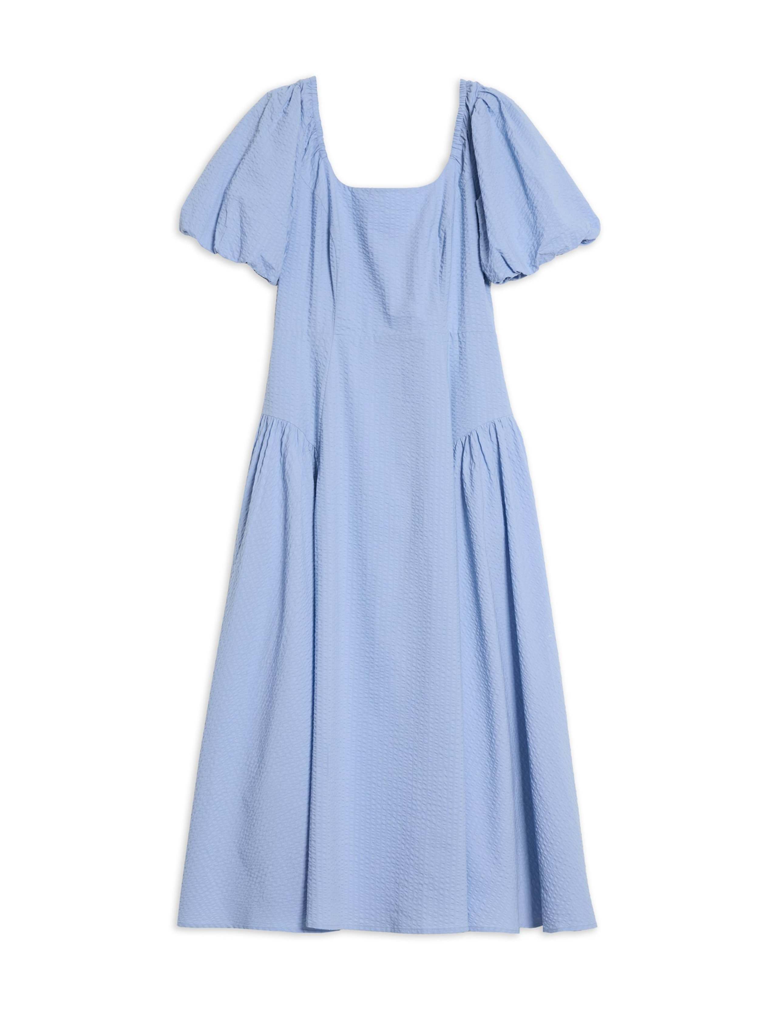 Pure Cotton Seersucker Puff Sleeve Midi Dress 2 of 5