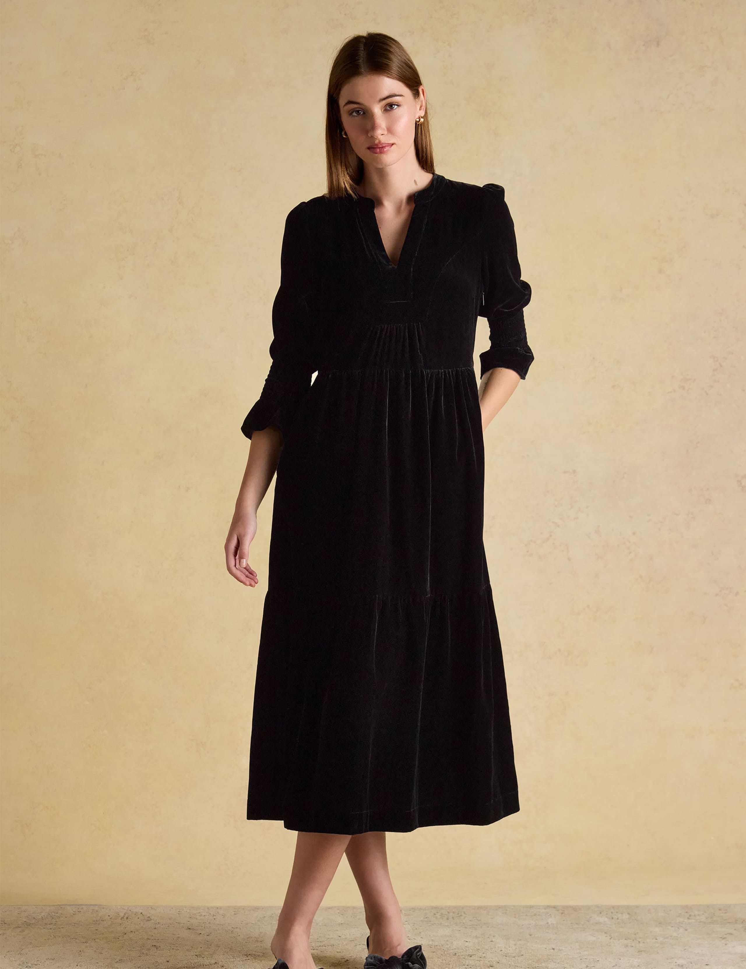 Velvet V-Neck Shirred Midaxi Tiered Dress 1 of 7