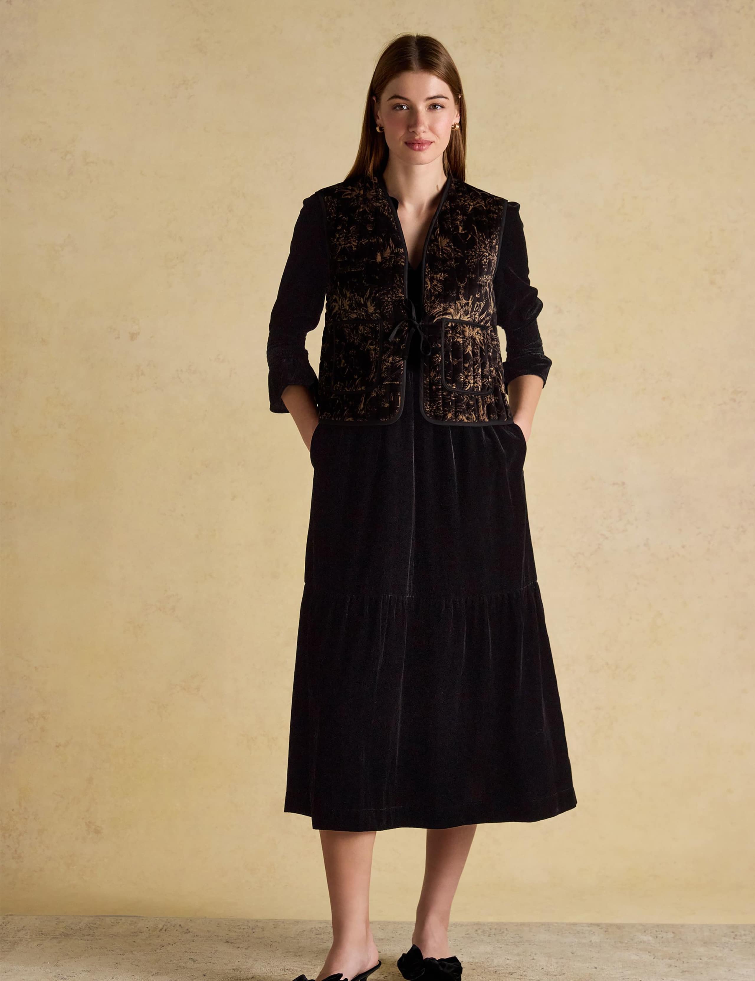 Velvet V-Neck Shirred Midaxi Tiered Dress 3 of 7