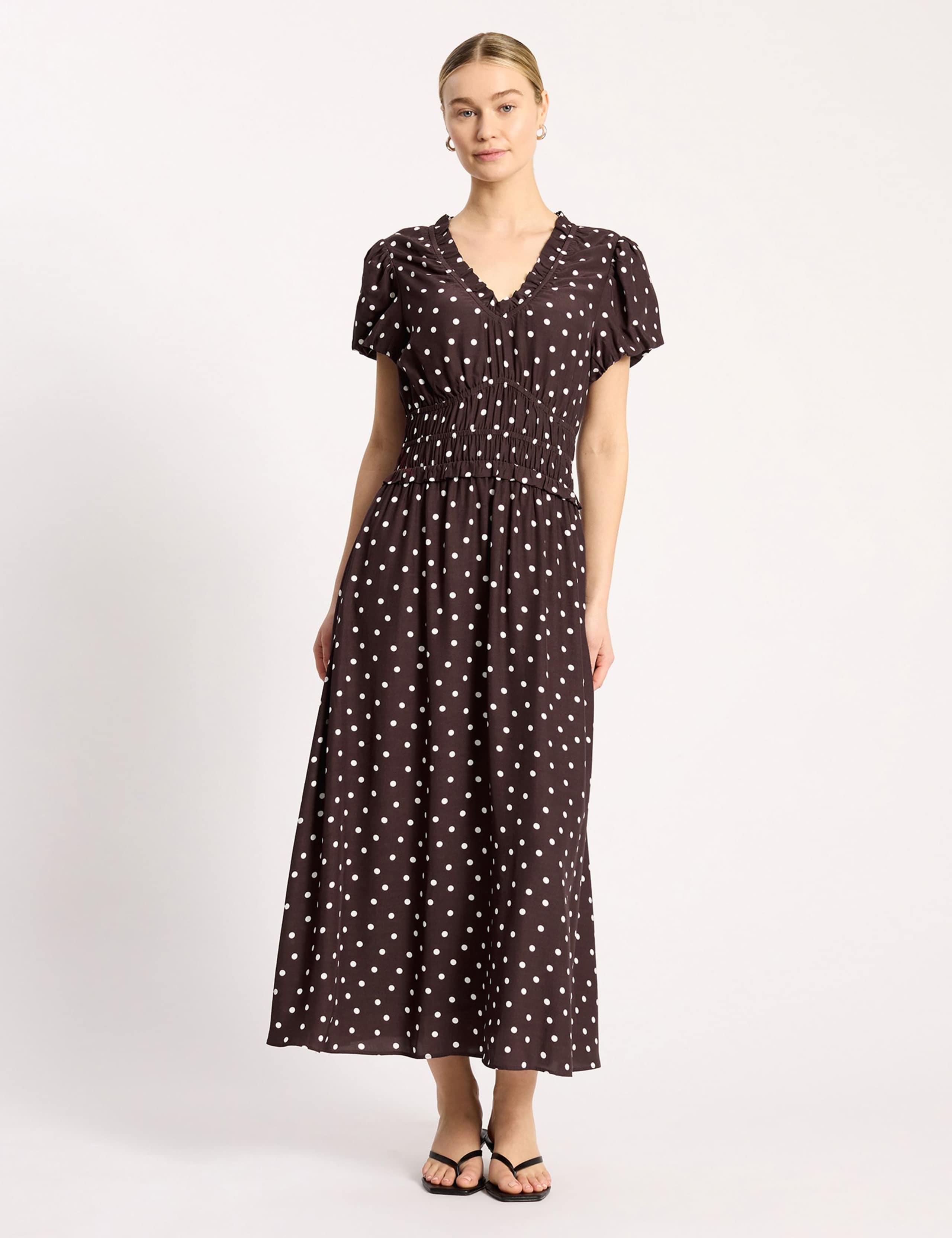 Spot Print Ruffle Midi Waisted Dress 1 of 4