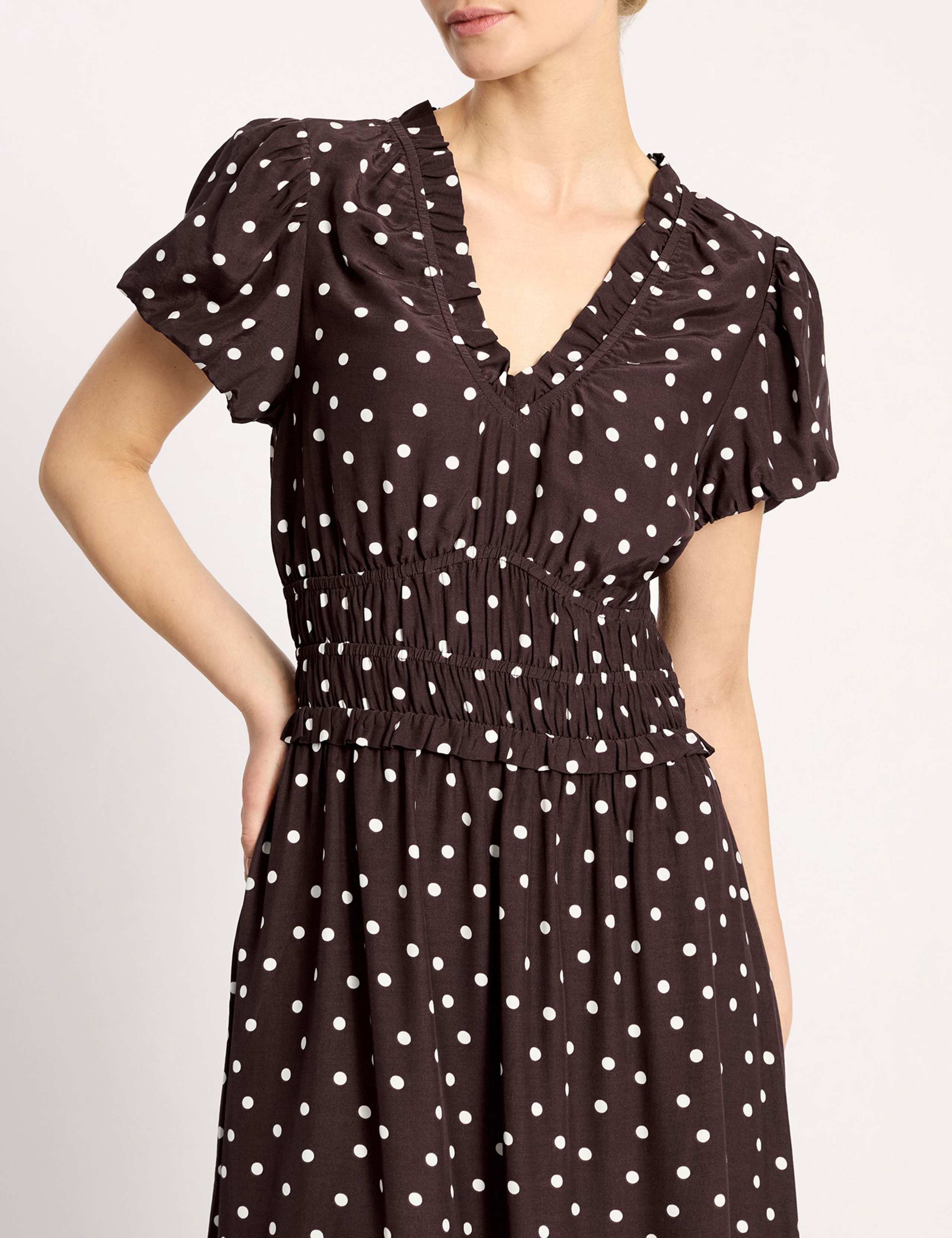 Spot Print Ruffle Midi Waisted Dress 4 of 4