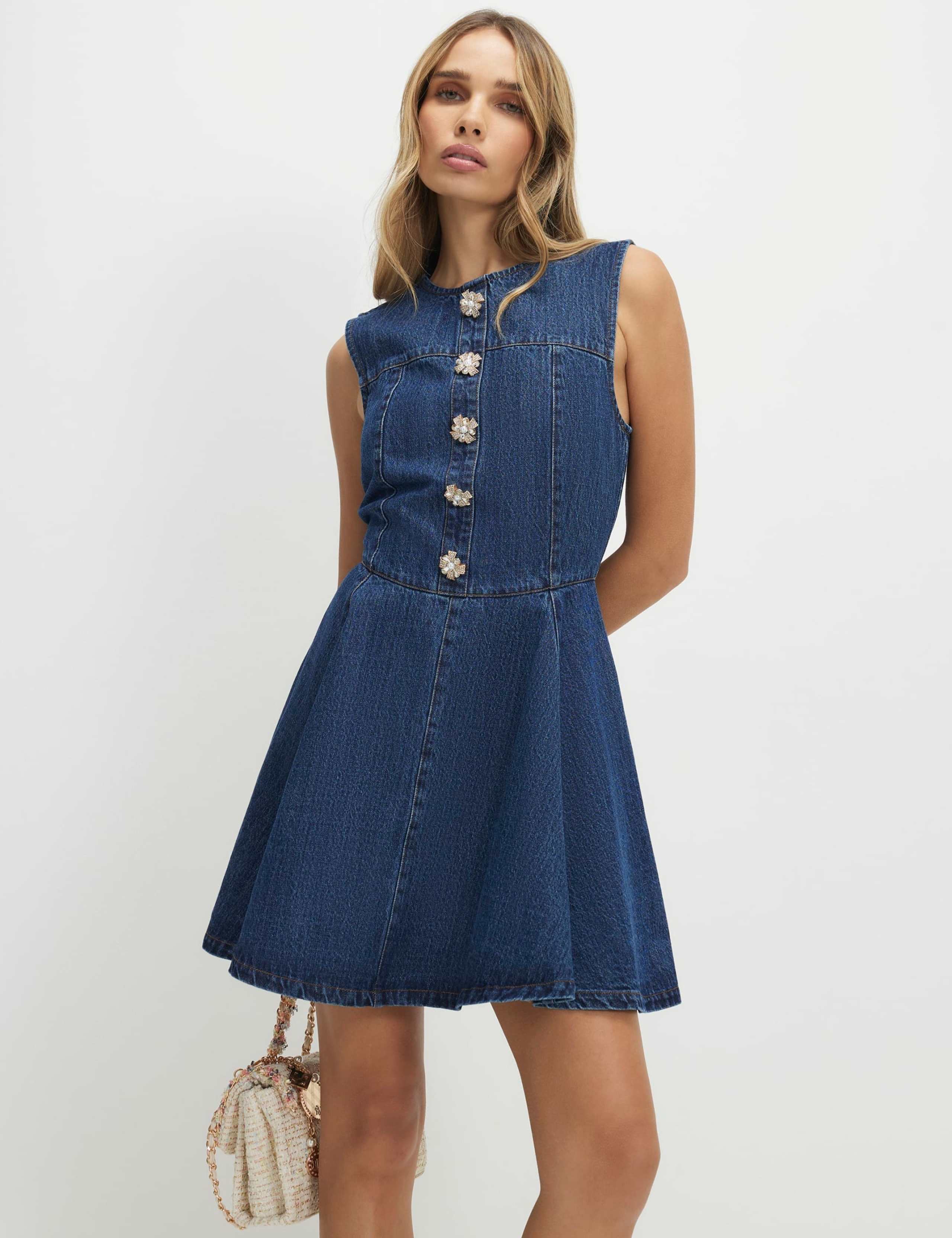Denim Embellished Button Mini Skater Dress 1 of 4