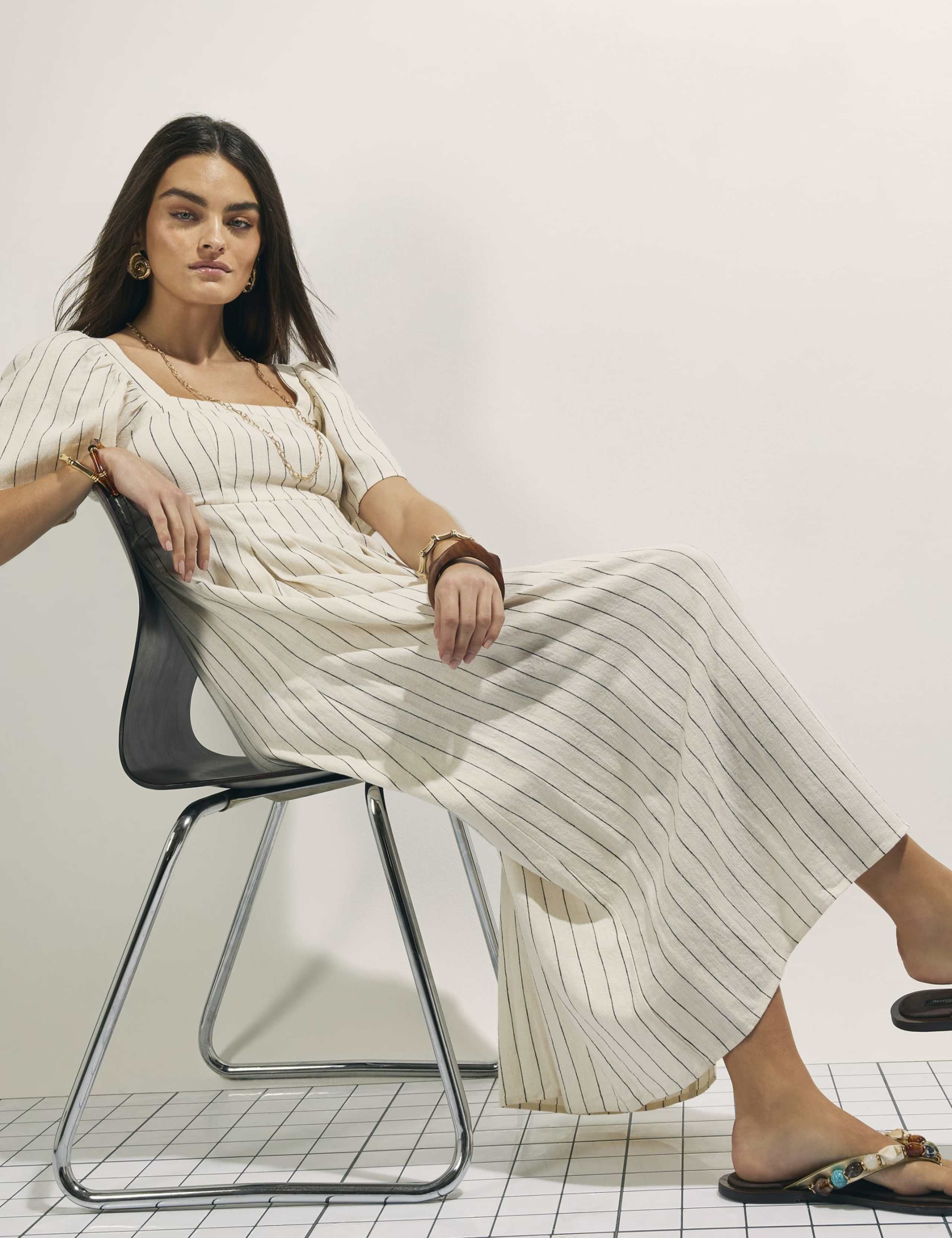 Linen Rich Striped Shirred Midi Dress 2 of 4