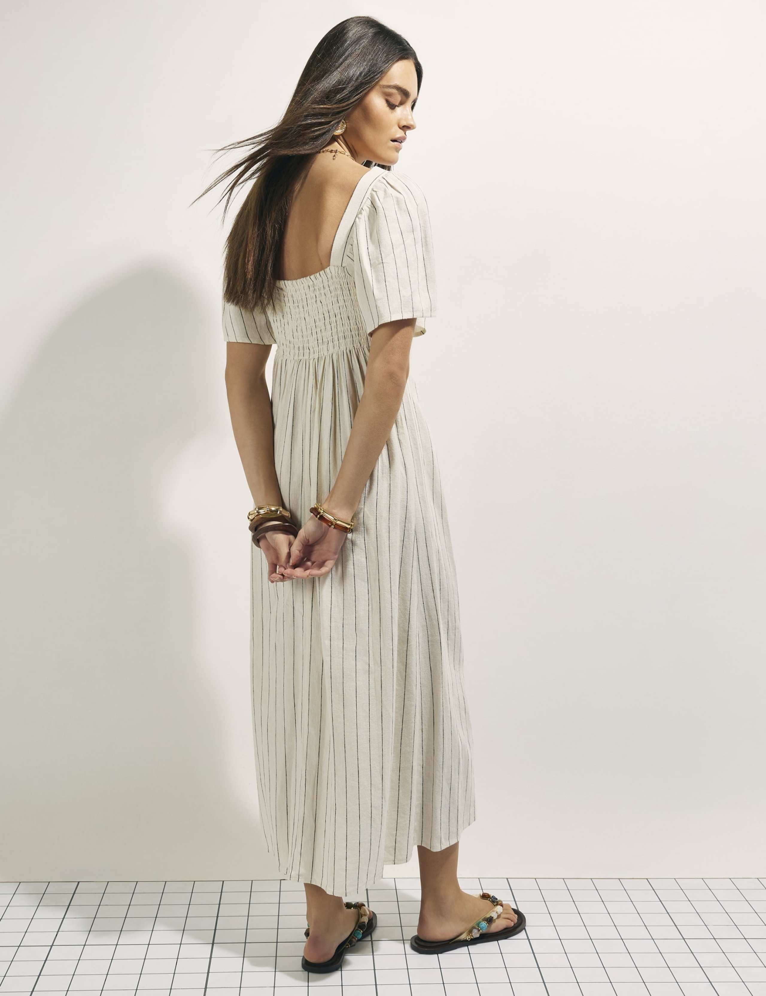 Linen Rich Striped Shirred Midi Dress 3 of 4