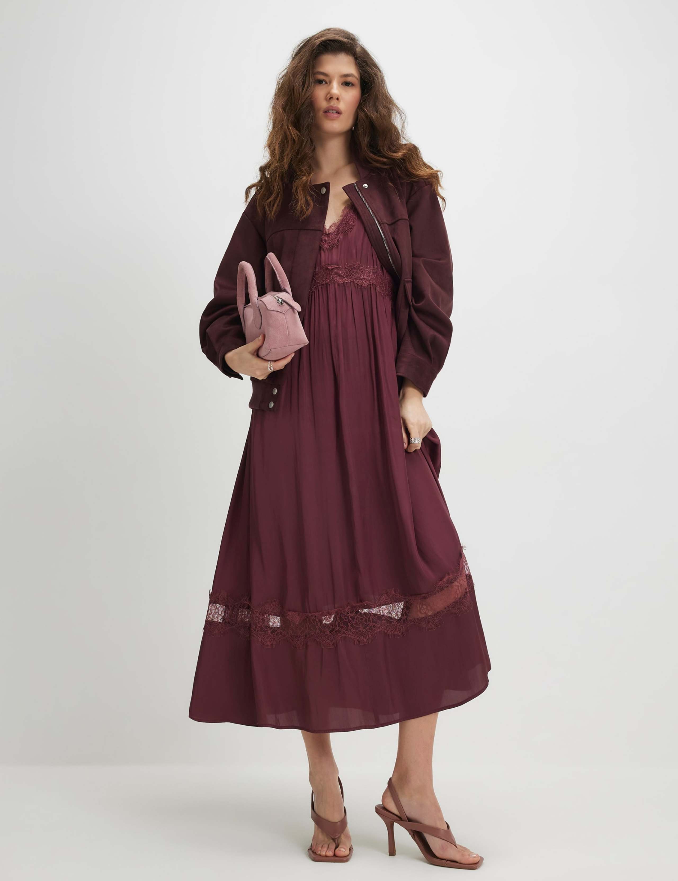 Satin V-Neck Lace Trim Midi Slip Dress 2 of 4