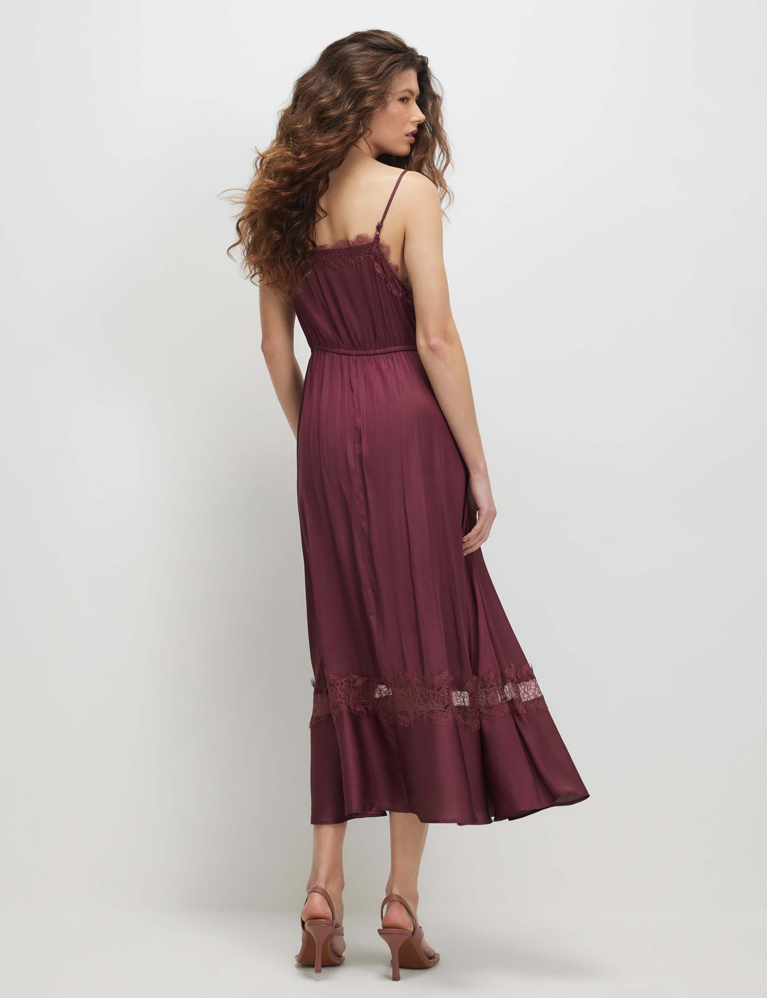 Satin V-Neck Lace Trim Midi Slip Dress 3 of 4