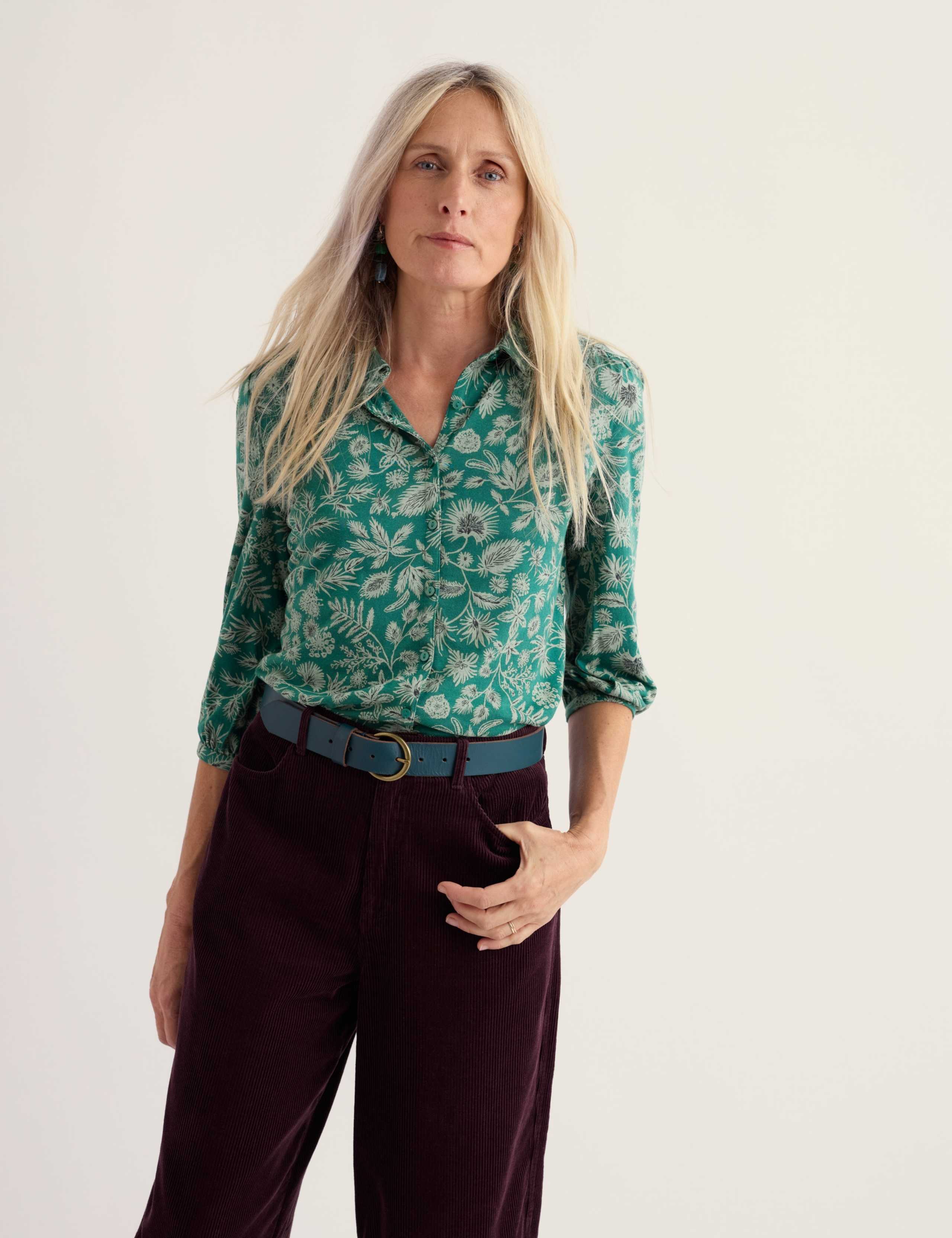 Cotton Rich Printed Collared Blouson Sleeve Shirt with Modal 5 of 5