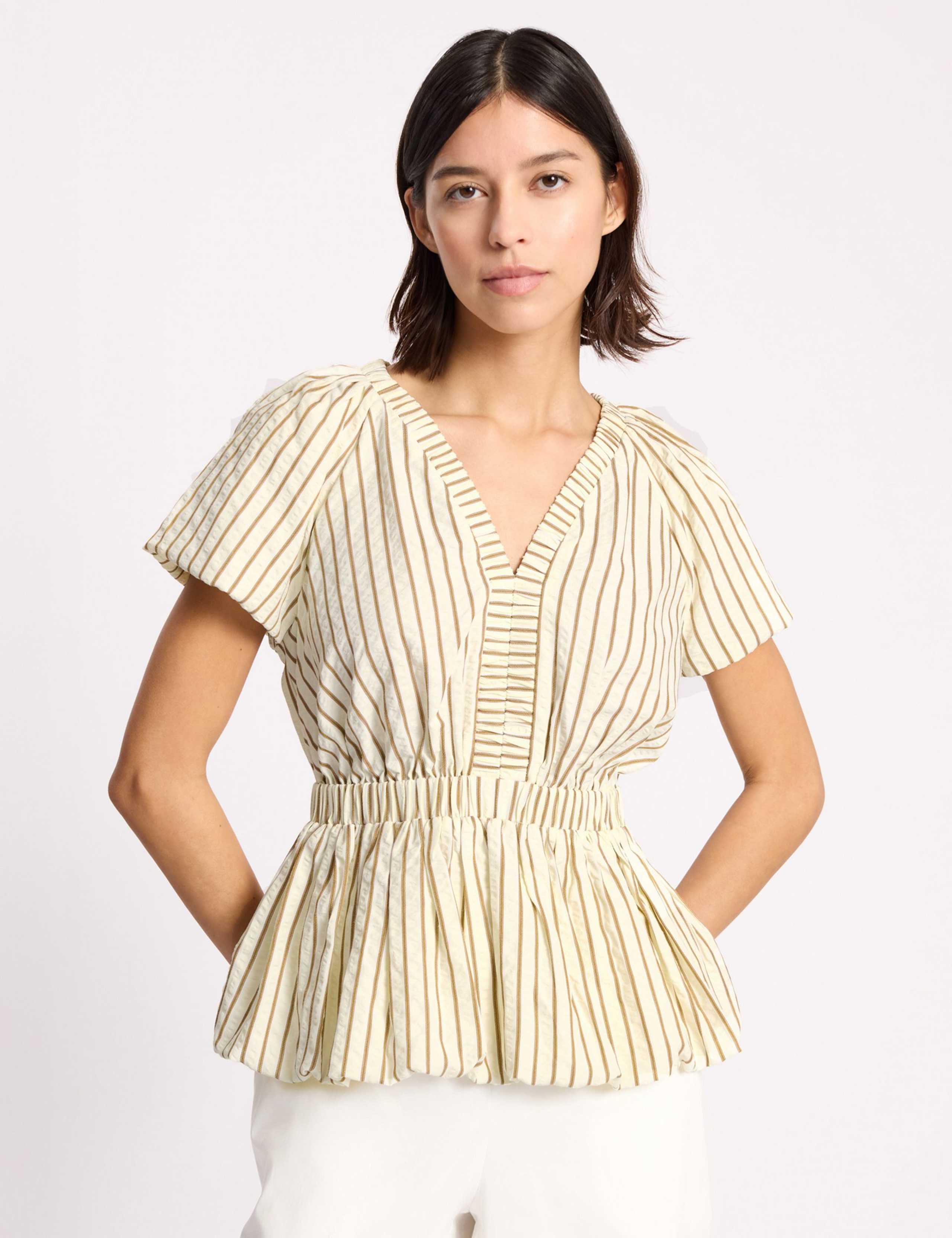 Cotton Blend Striped V-Neck Bubble Hem Top 1 of 5