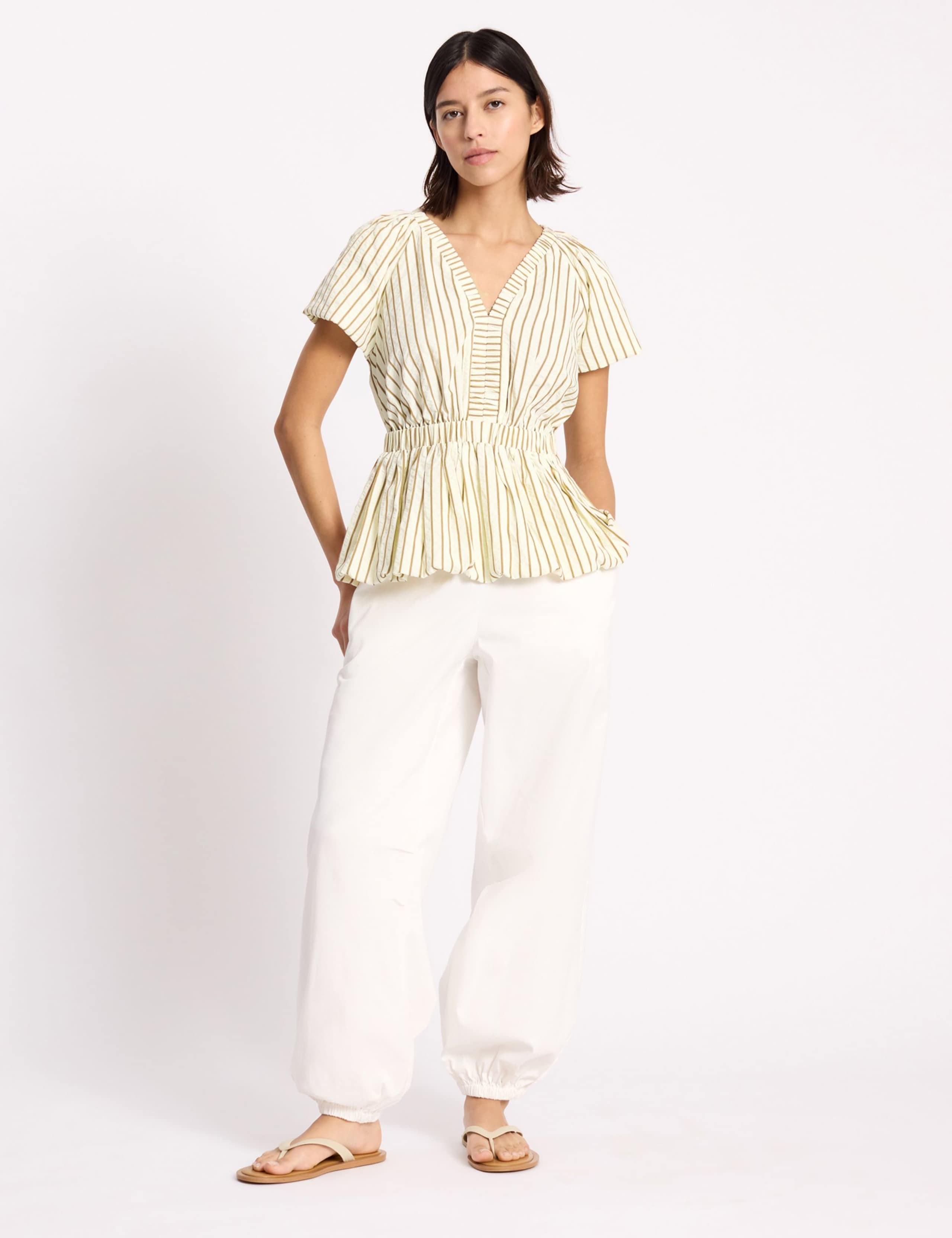 Cotton Blend Striped V-Neck Bubble Hem Top 3 of 5