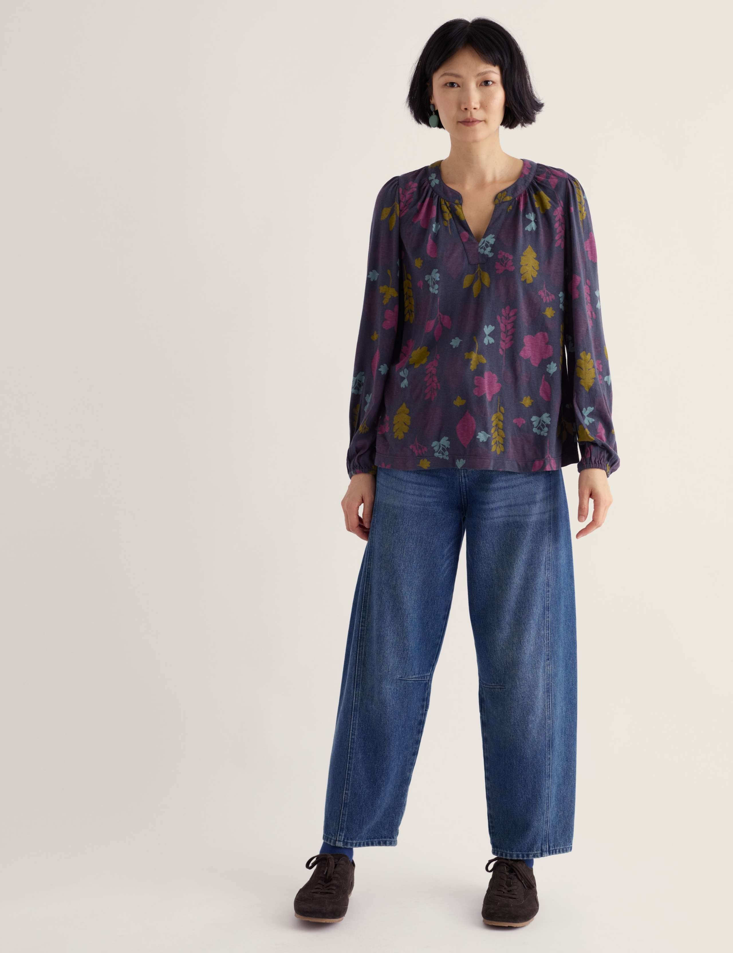 Cotton Rich Printed Notch Neck Blouson Sleeve Blouse with Modal 1 of 5