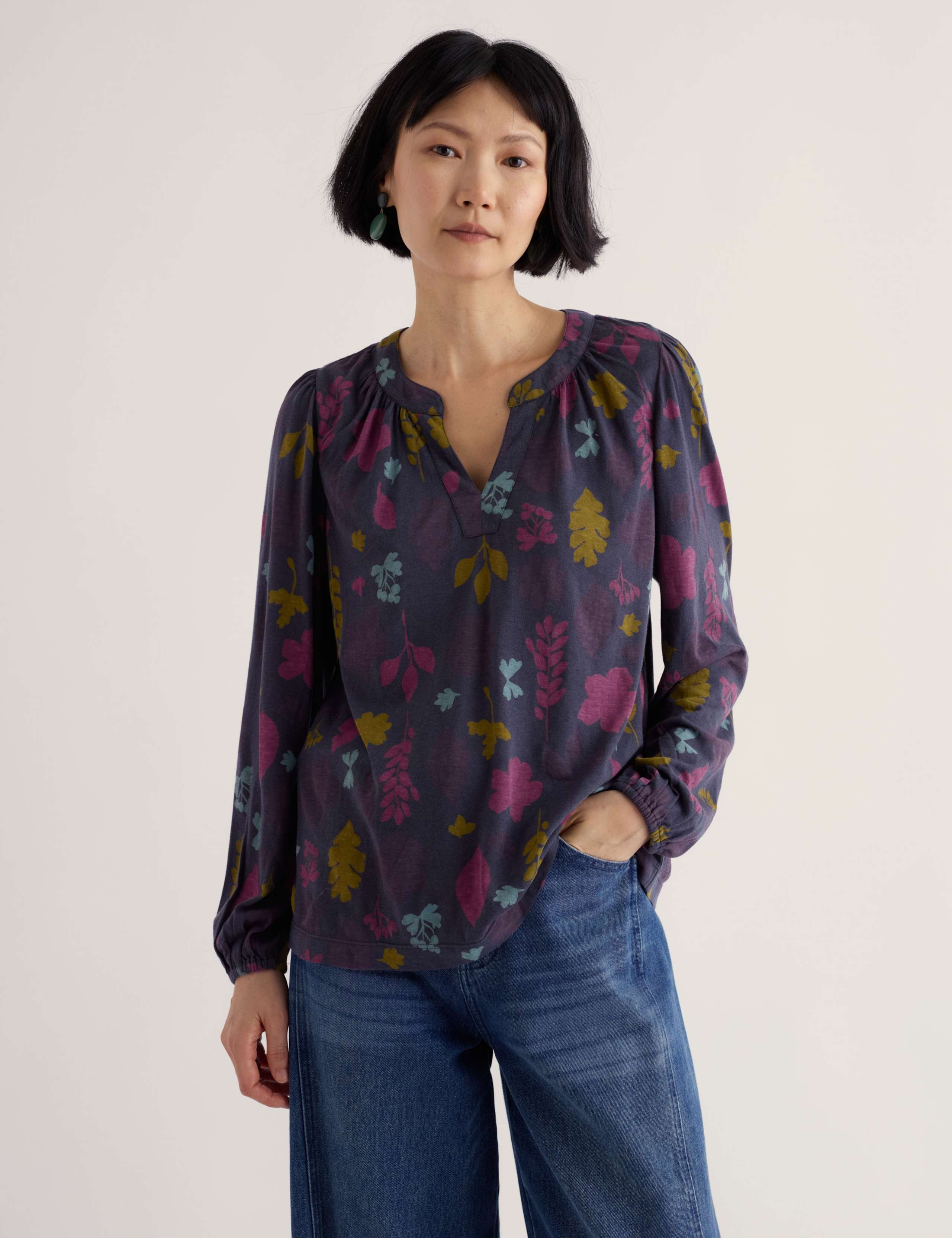 Cotton Rich Printed Notch Neck Blouson Sleeve Blouse with Modal 4 of 5