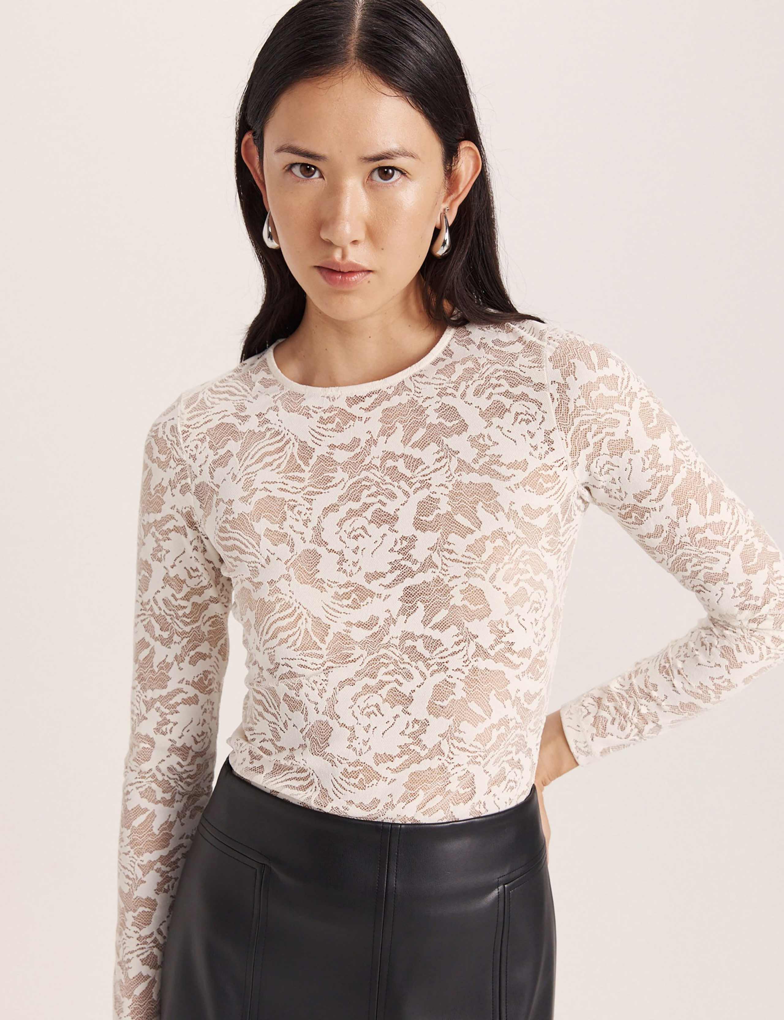 Lace Round Neck Long Sleeve Slim Fit Top 1 of 7