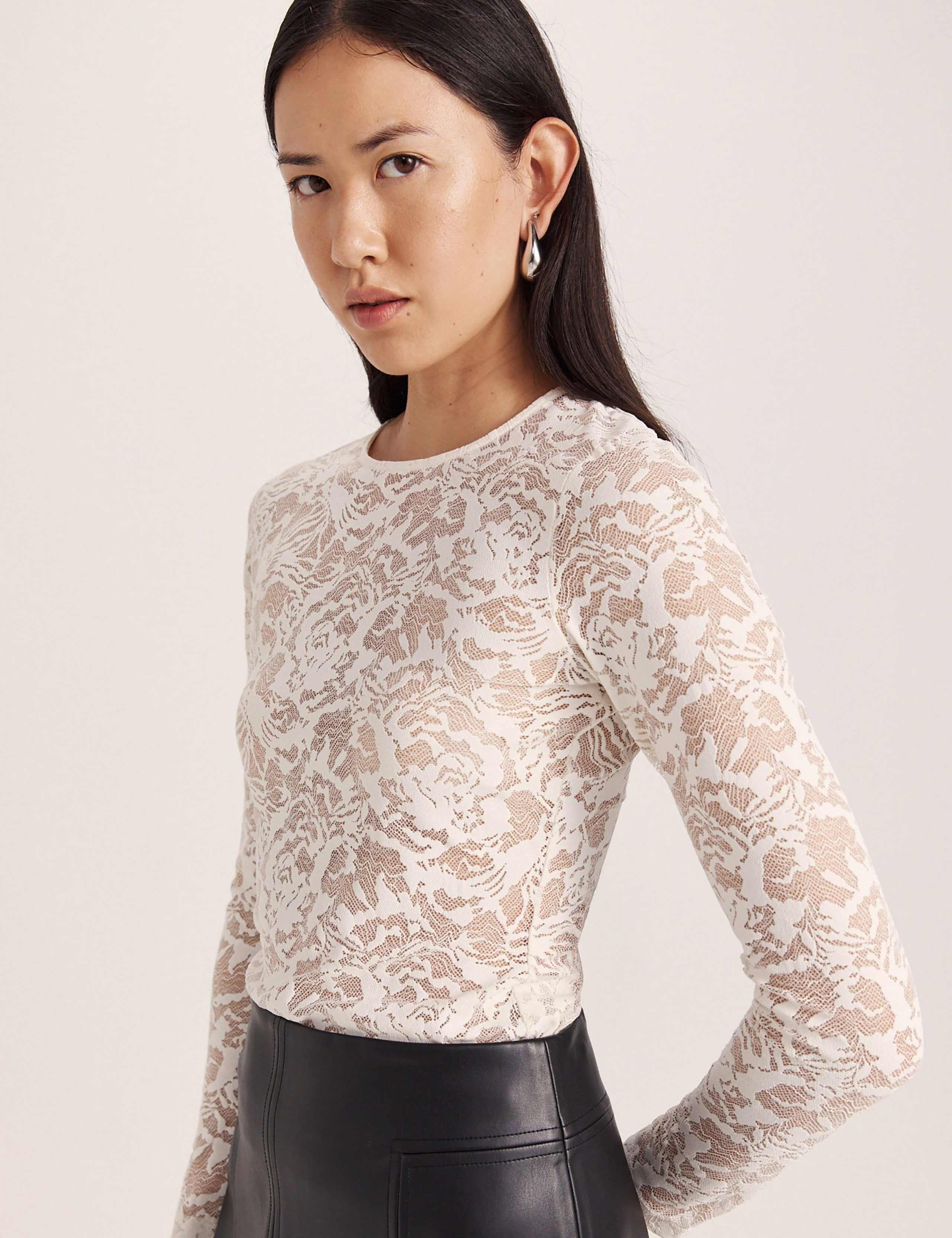 Lace Round Neck Long Sleeve Slim Fit Top 6 of 7