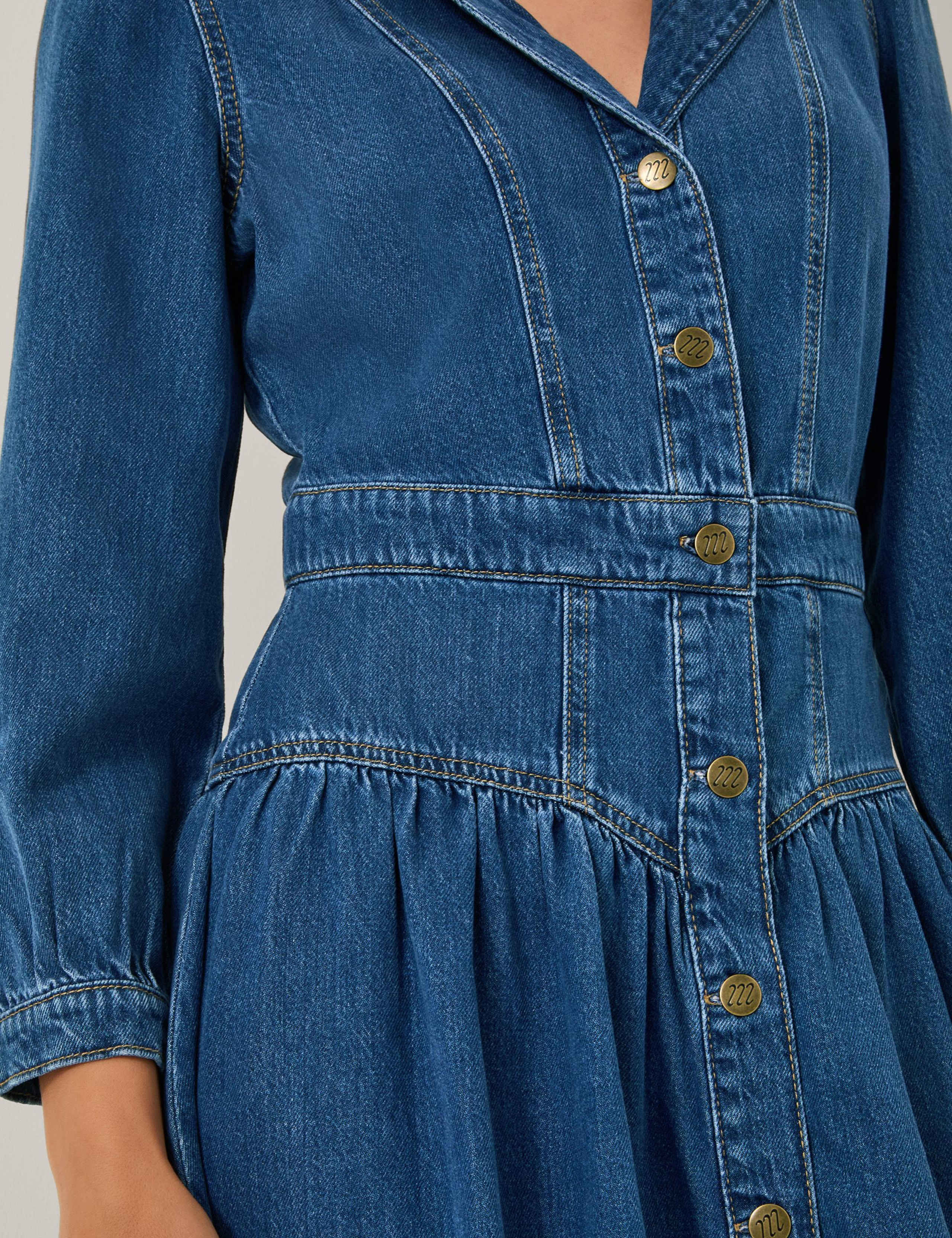 Denim Button Through Drop Waist Midi Dress 2 of 4