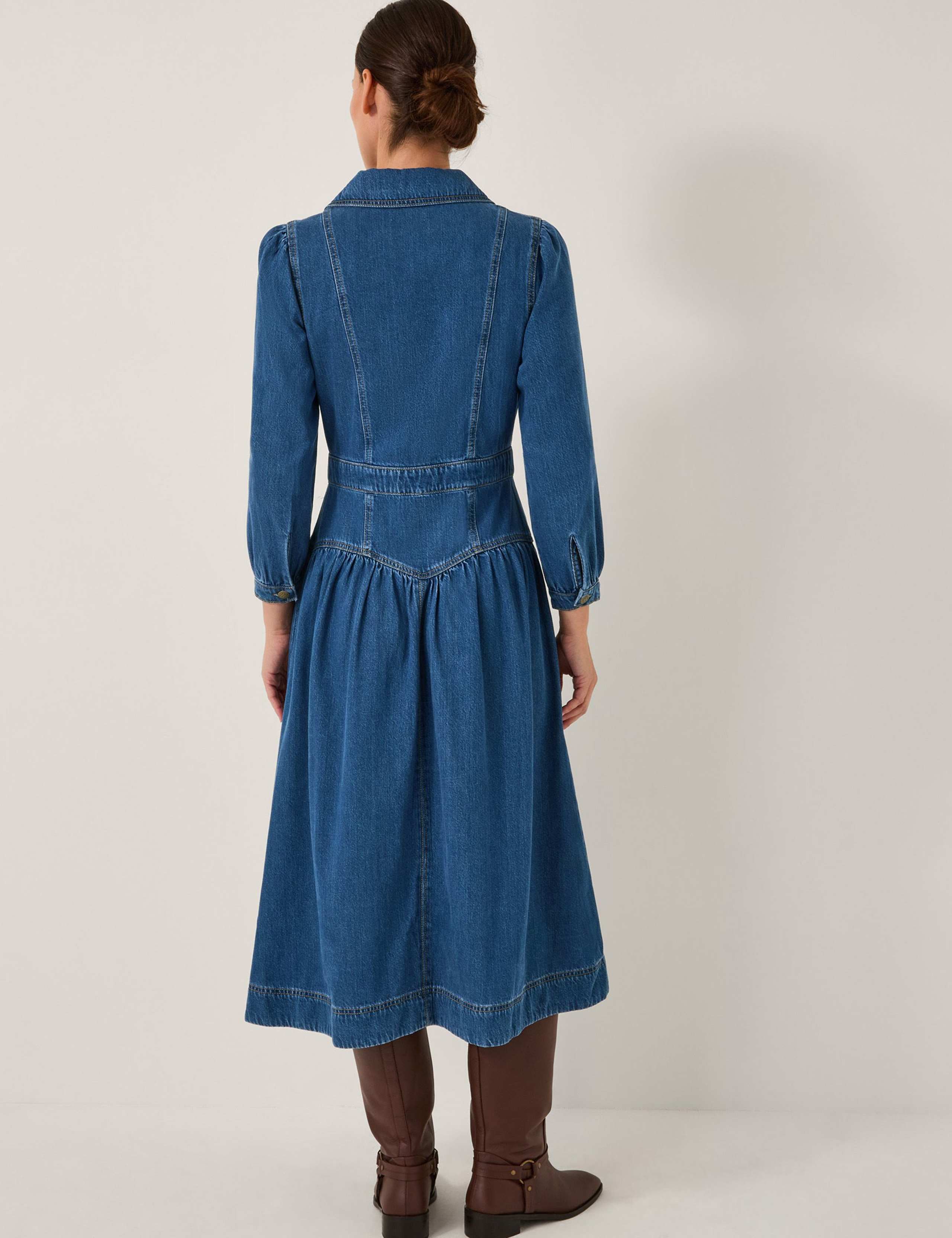 Denim Collared Button Through Midi Waisted Dress 3 of 4