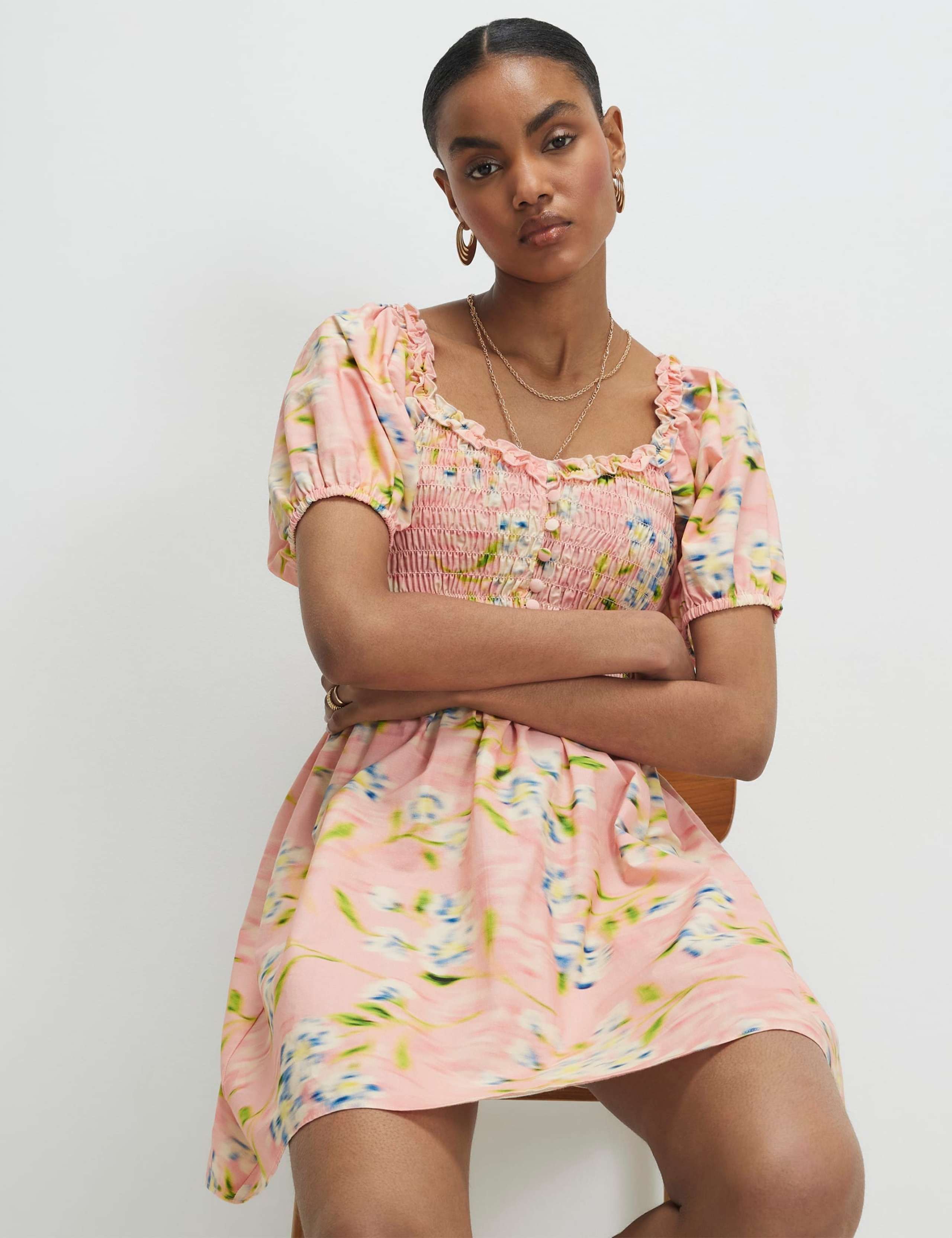 Pure Cotton Puff Sleeve Shirred Mini Dress 2 of 4