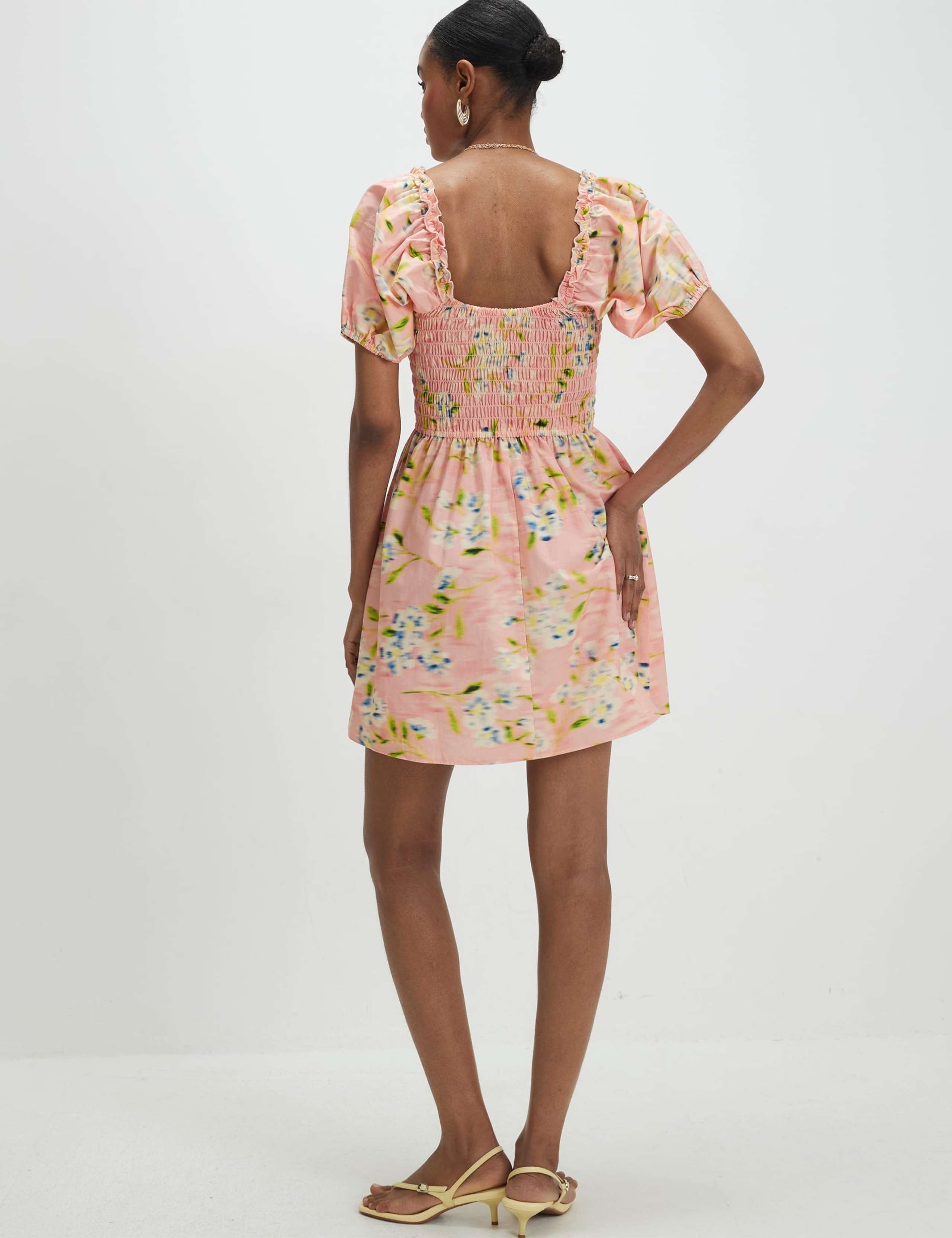 Pure Cotton Puff Sleeve Shirred Mini Dress 3 of 4