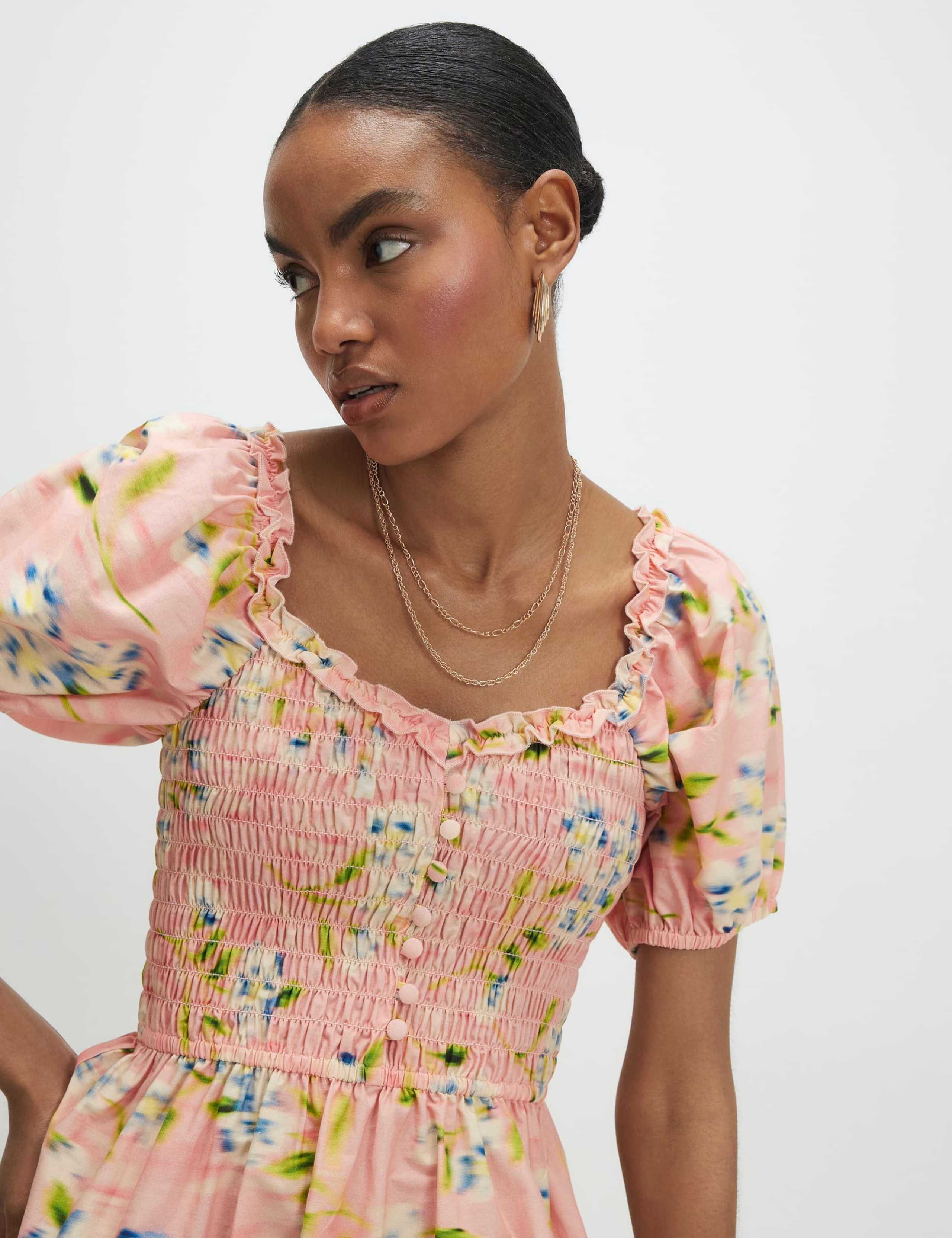 Pure Cotton Puff Sleeve Shirred Mini Dress 4 of 4