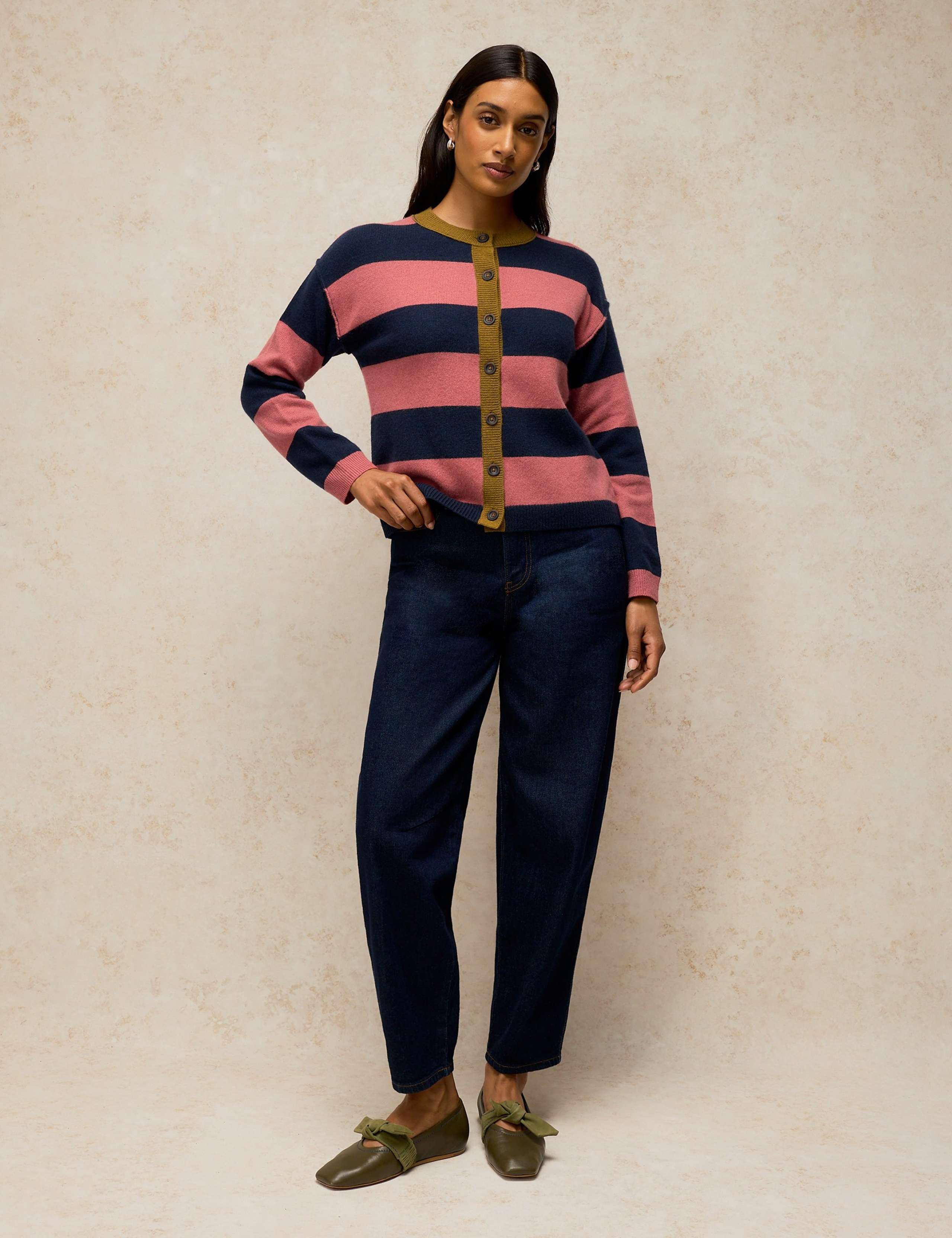 Wool Blend Striped Crew Neck Cardigan 3 of 6