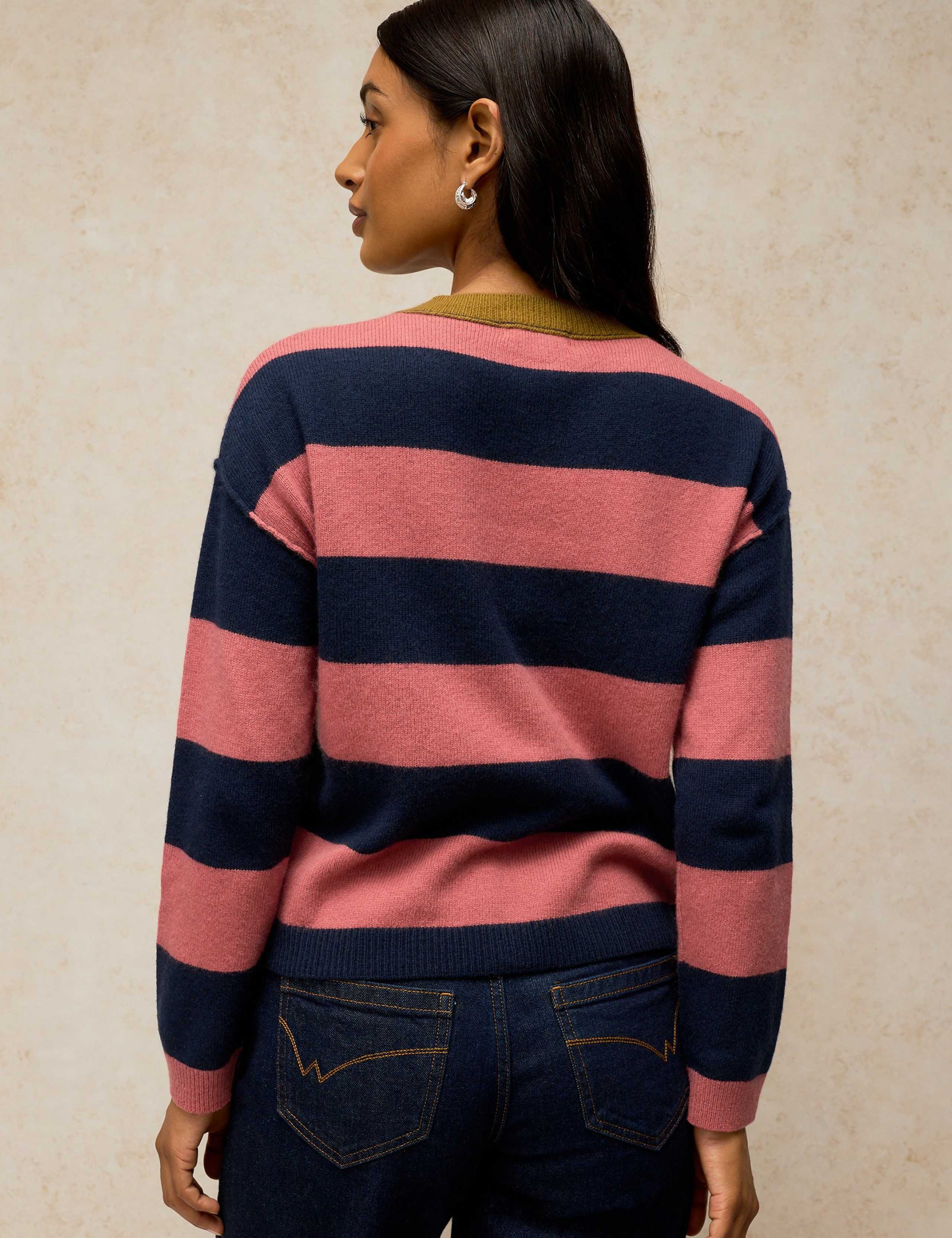Wool Blend Striped Crew Neck Cardigan 4 of 6