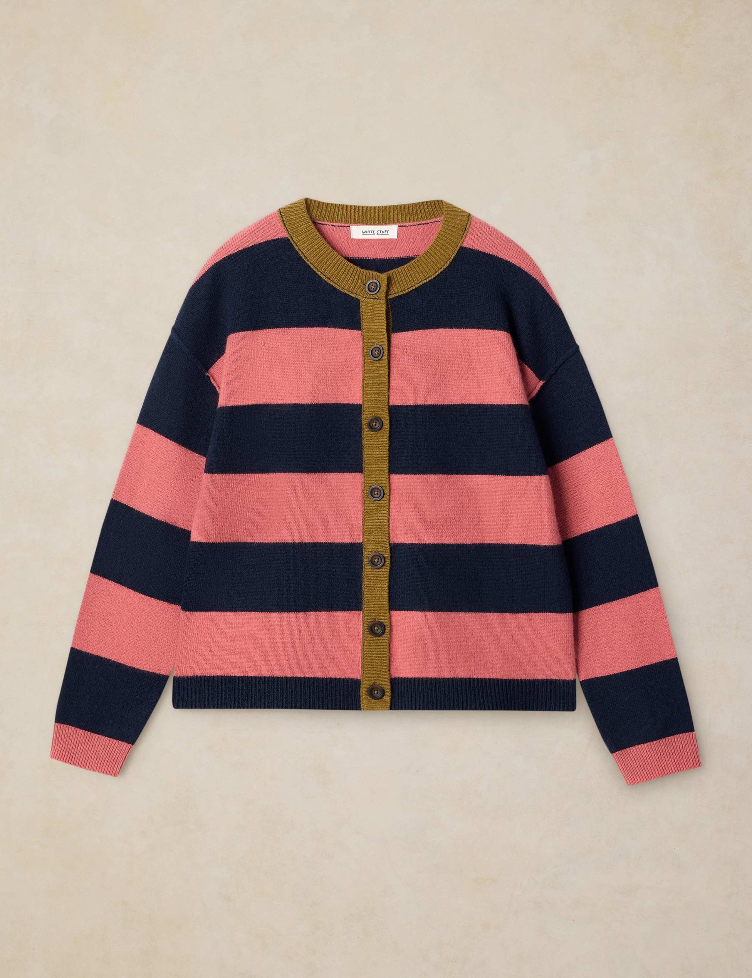 Wool Blend Striped Crew Neck Cardigan 2 of 6