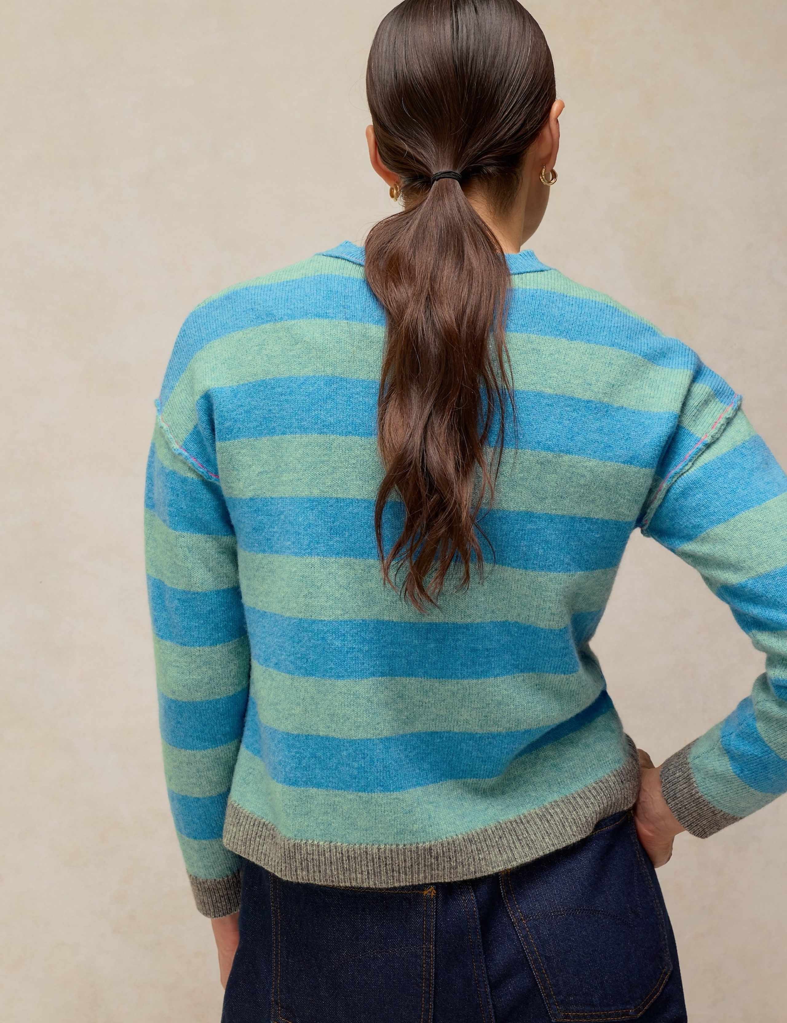 Wool Blend Striped Crew Neck Cardigan 3 of 6