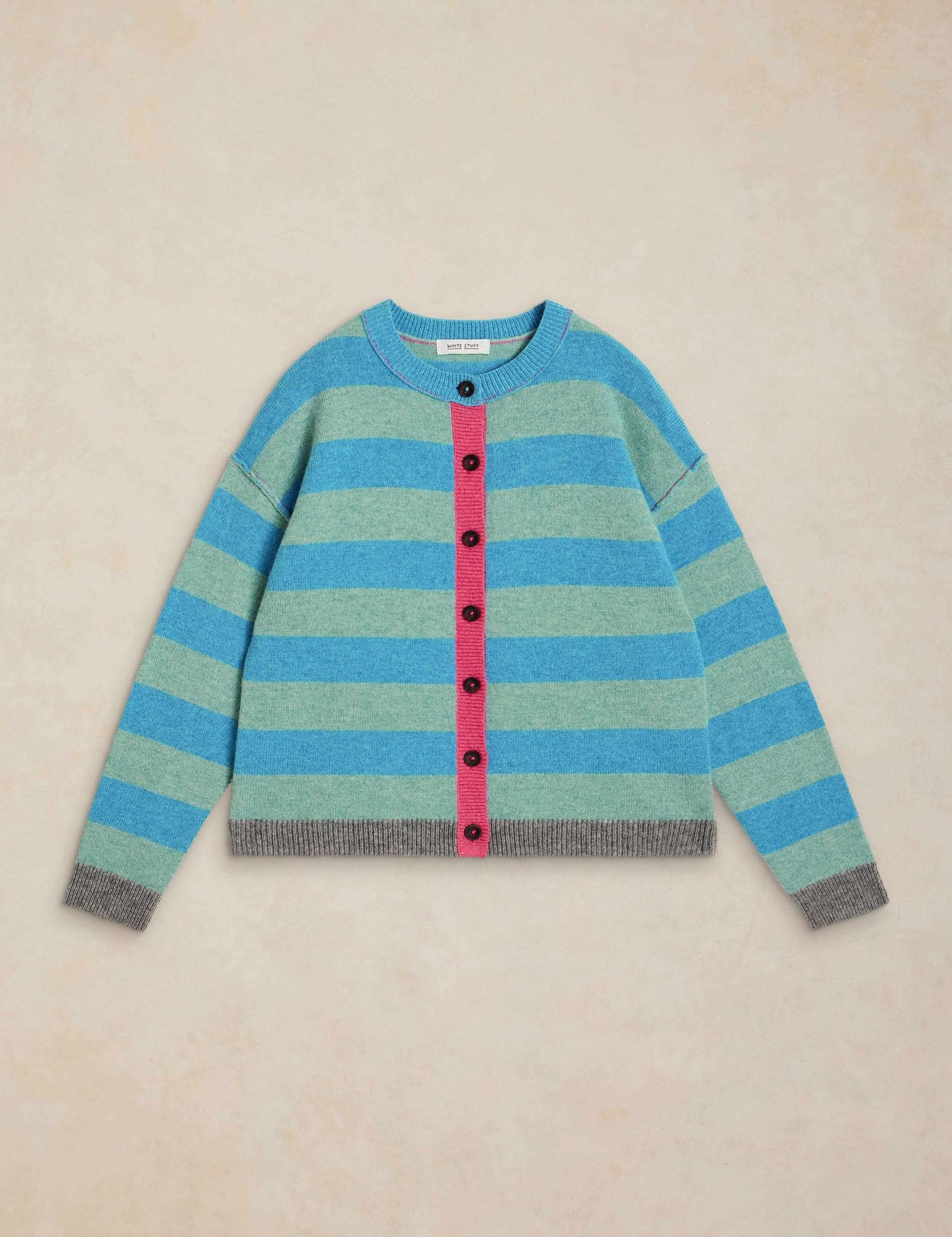 Wool Blend Striped Crew Neck Cardigan 2 of 6